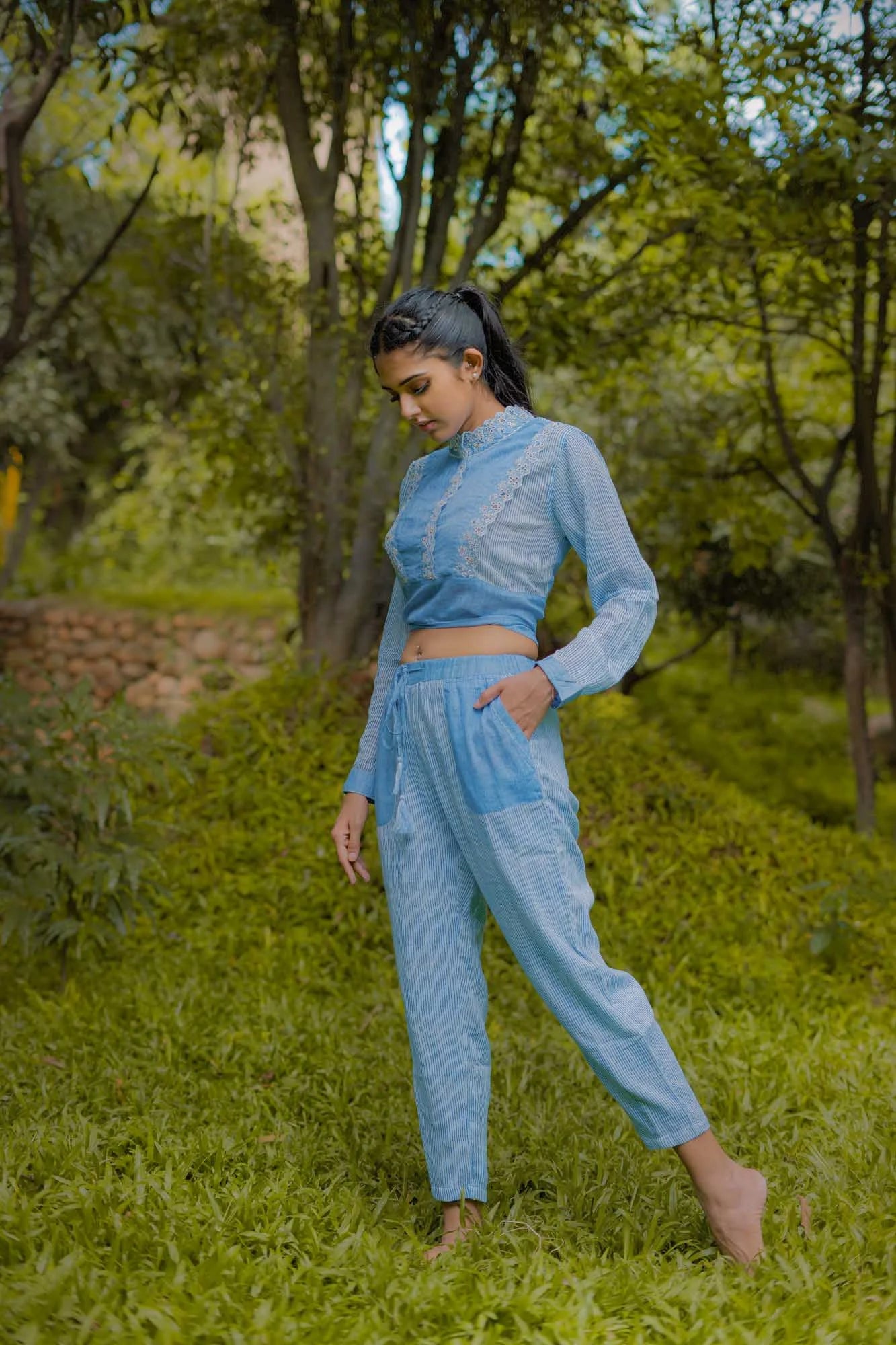 Lace Collar Blue Cotton Tunic/ Top