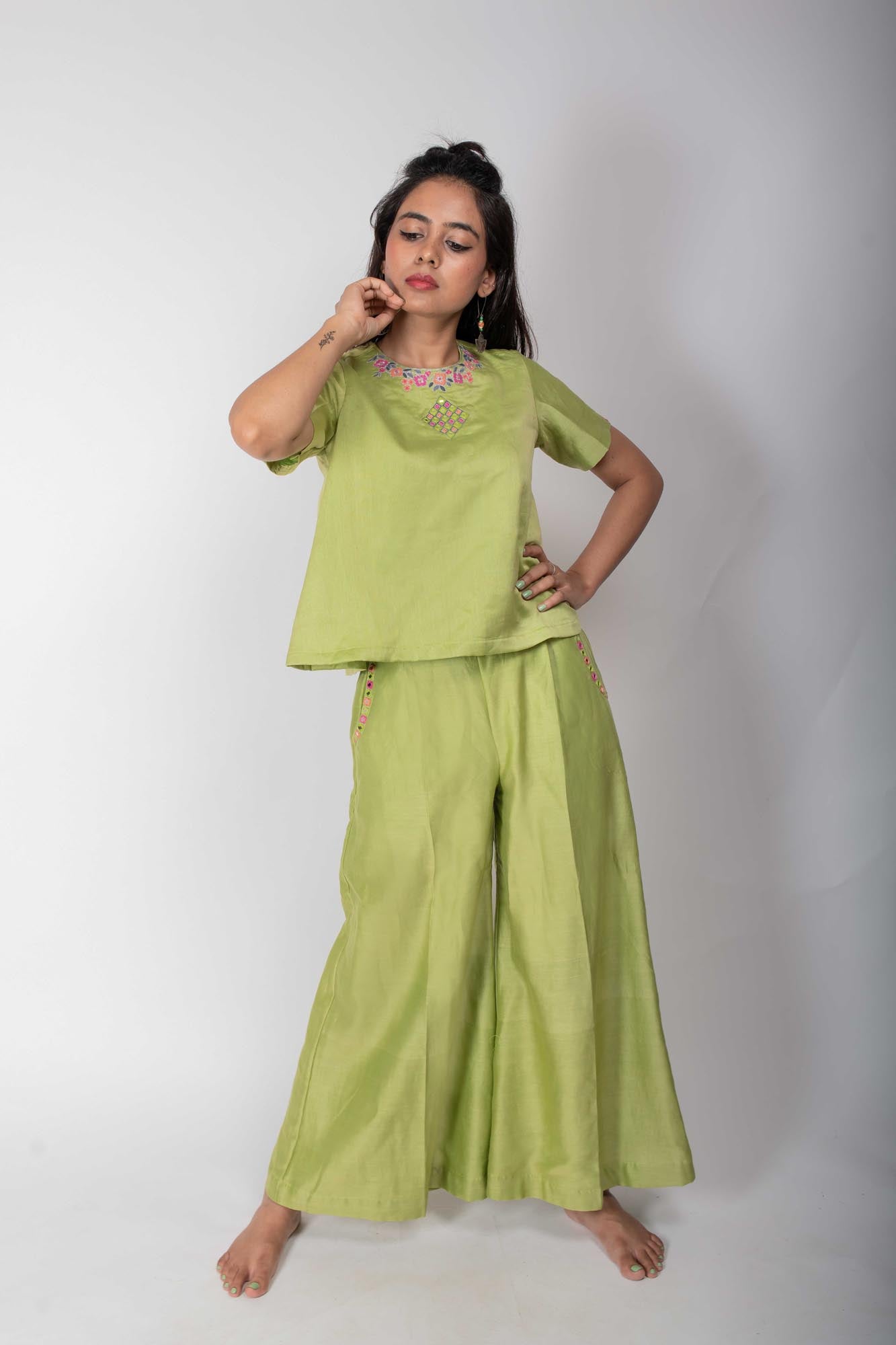 Pista Green Chanderi Mirror Embroidered Co-ord set