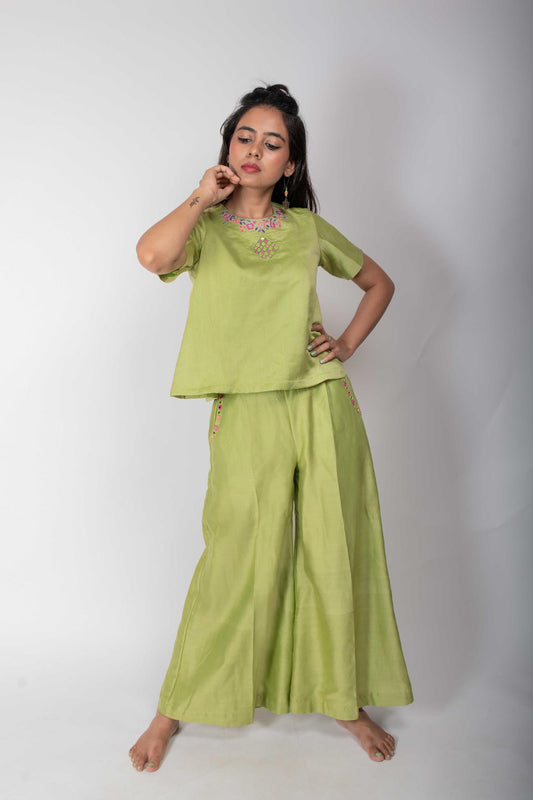 Pista Green Chanderi Mirror Embroidered Co-ord set