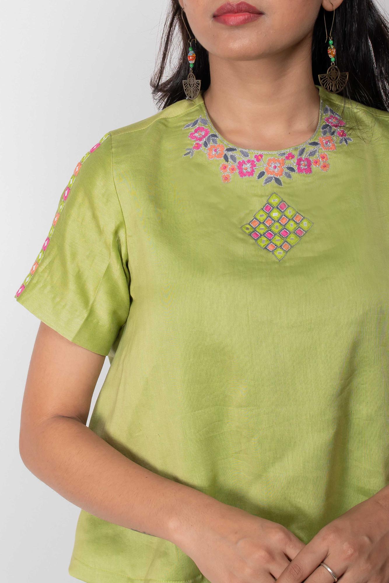 Pista Green Chanderi Mirror Embroidered Co-ord set