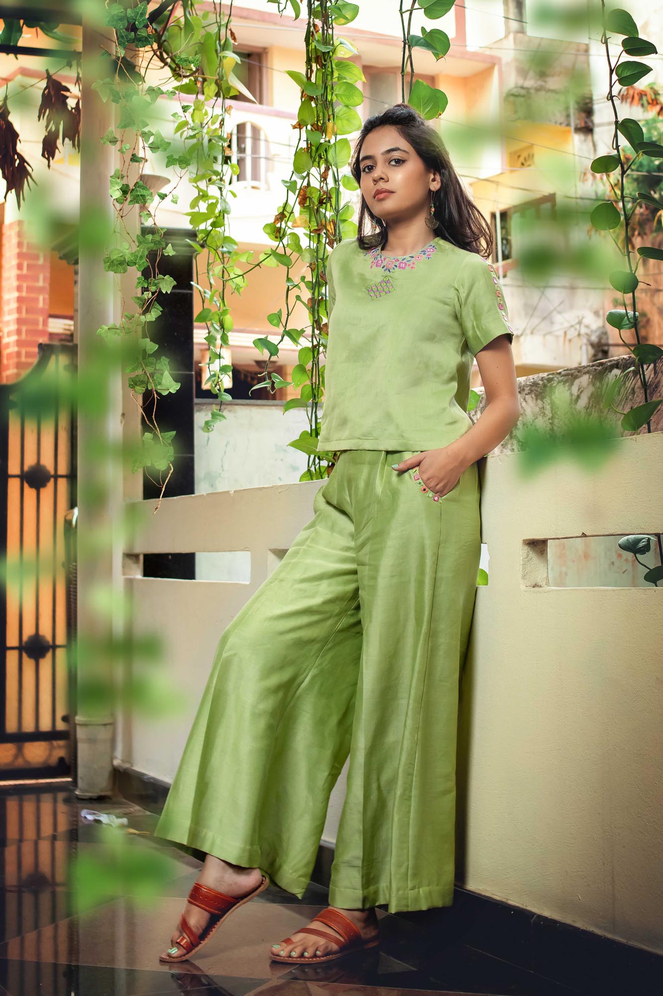 Pista Green Chanderi Mirror Embroidered Co-ord set