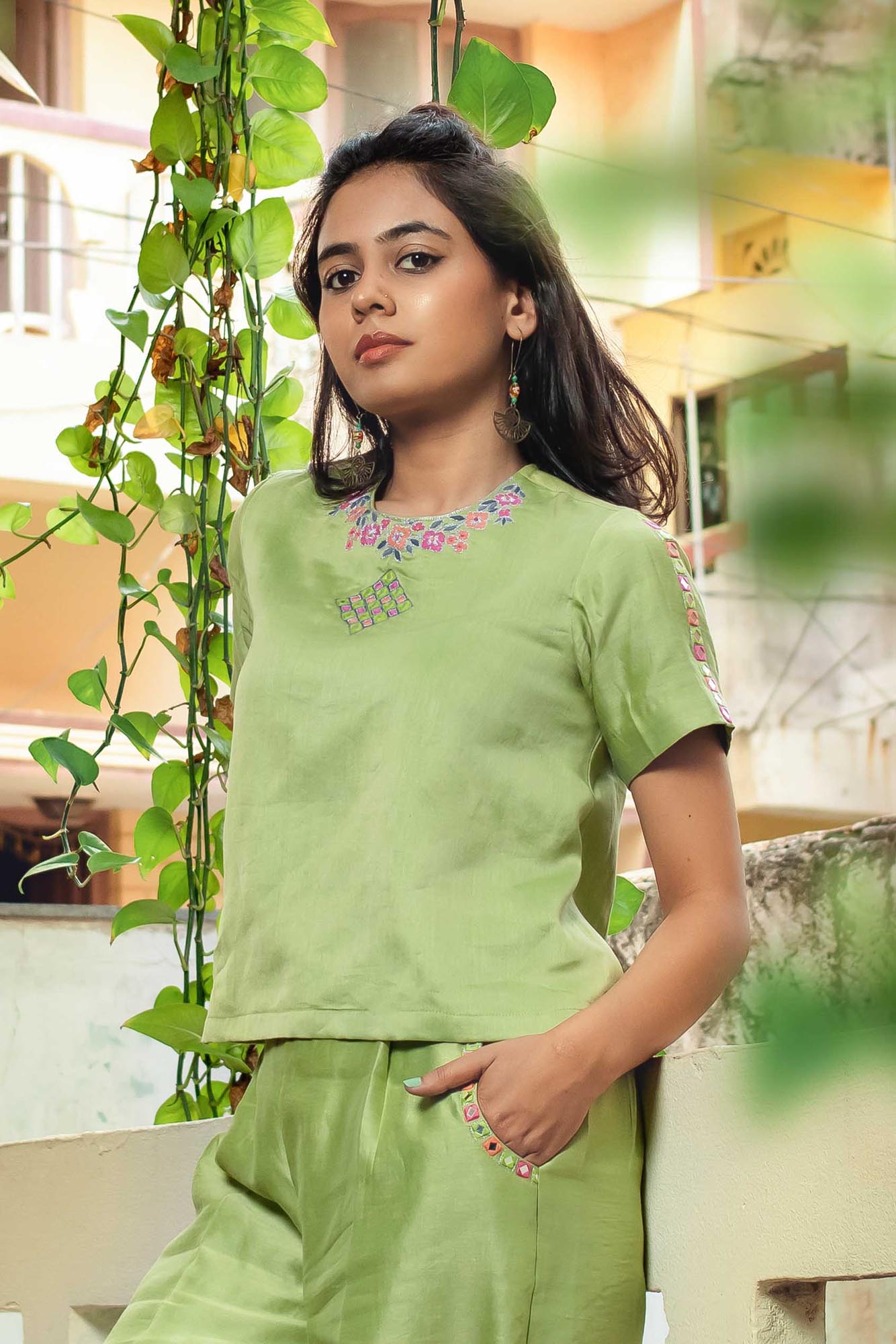 Pista Green Chanderi Mirror Embroidered Co-ord set