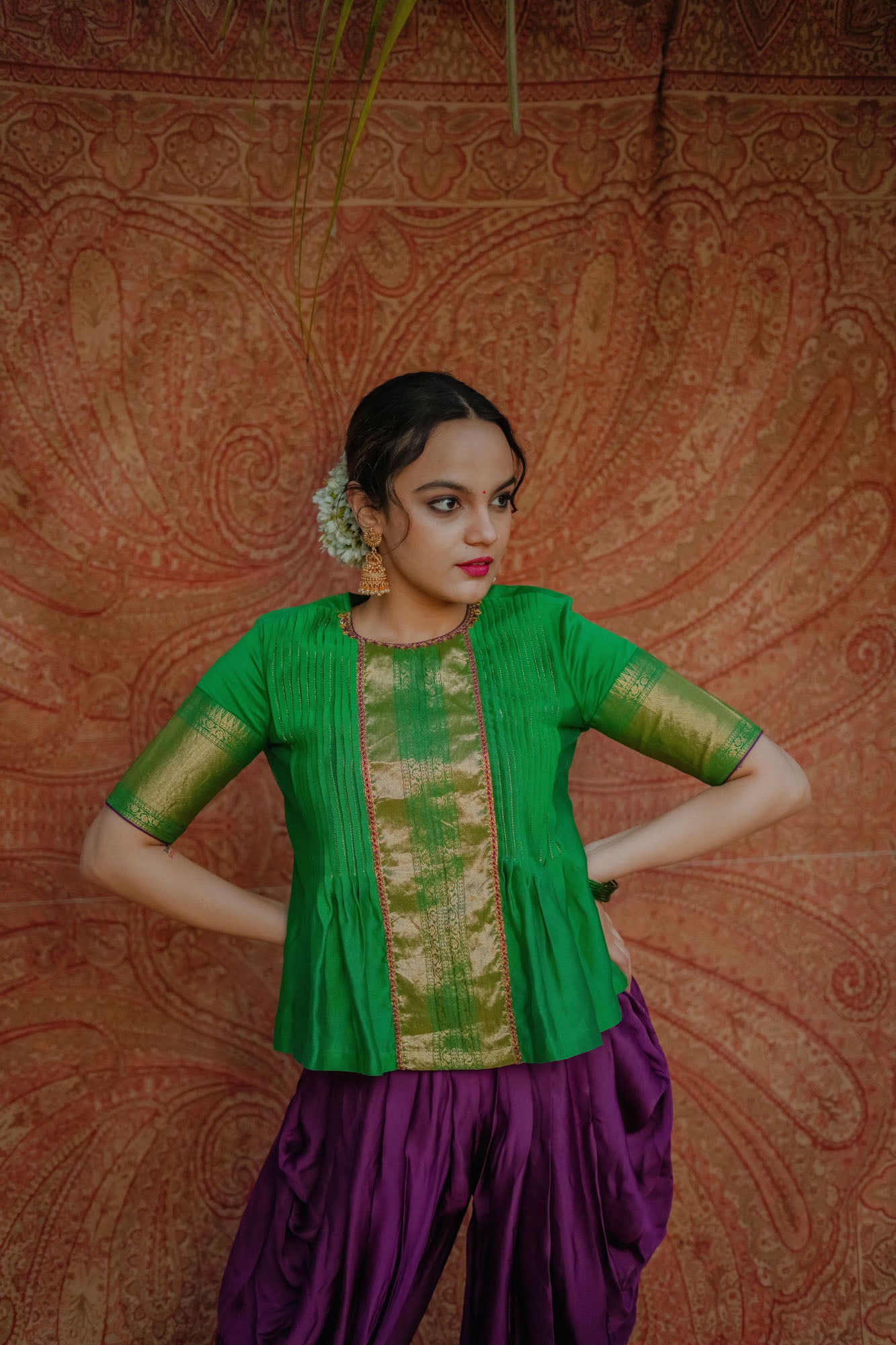Women’s wear Traditional chanderi peplum top and dhoti pants in green and purple