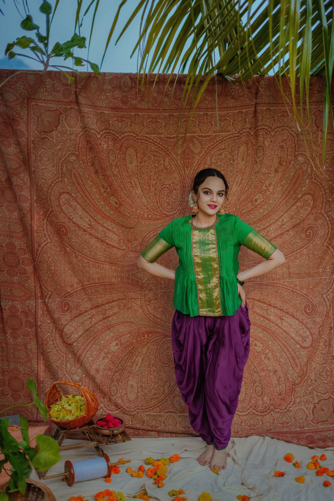 Women’s wear Traditional chanderi peplum top and dhoti pants in green and purple