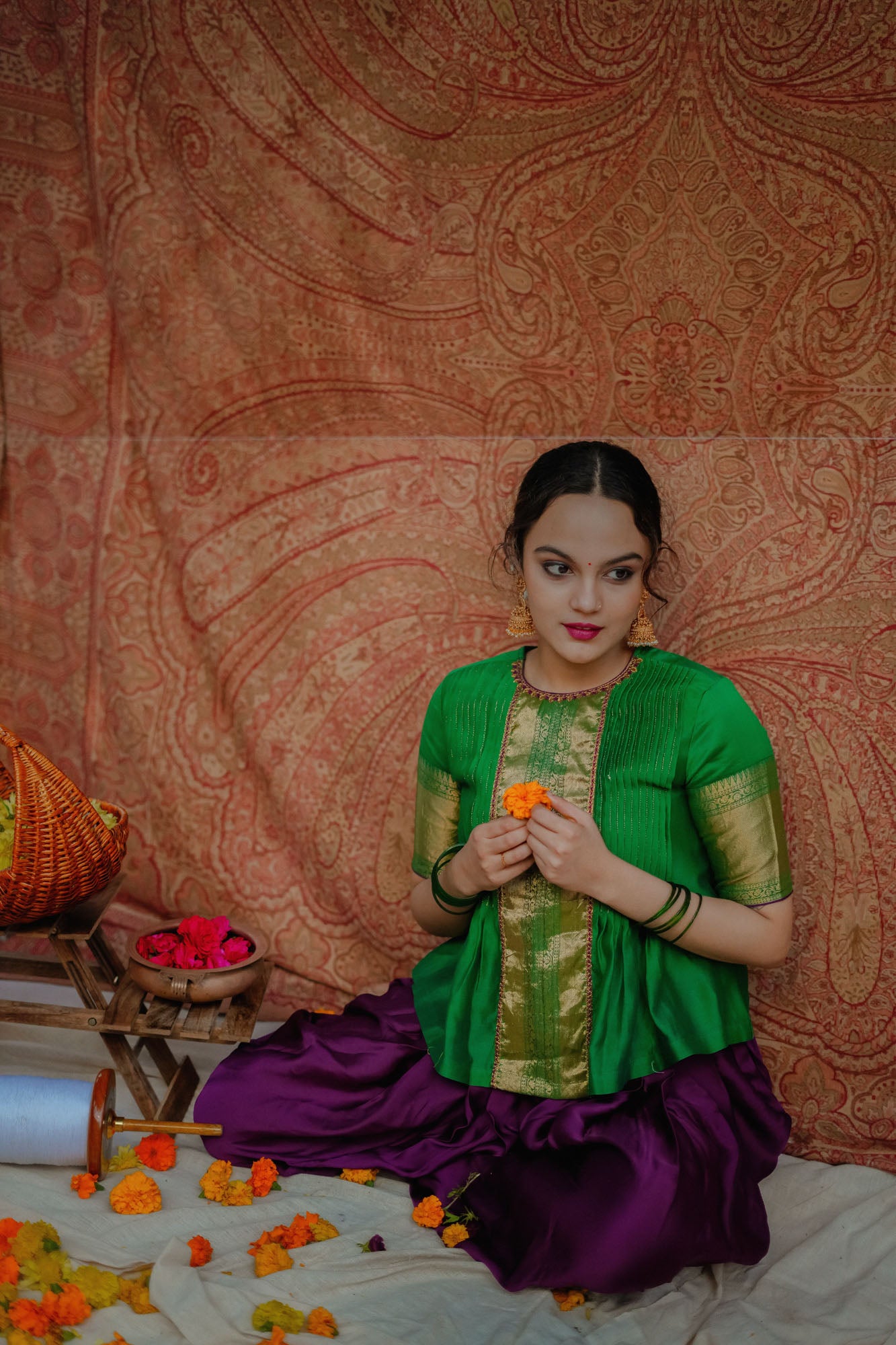 Women’s wear Traditional chanderi peplum top and dhoti pants in green and purple