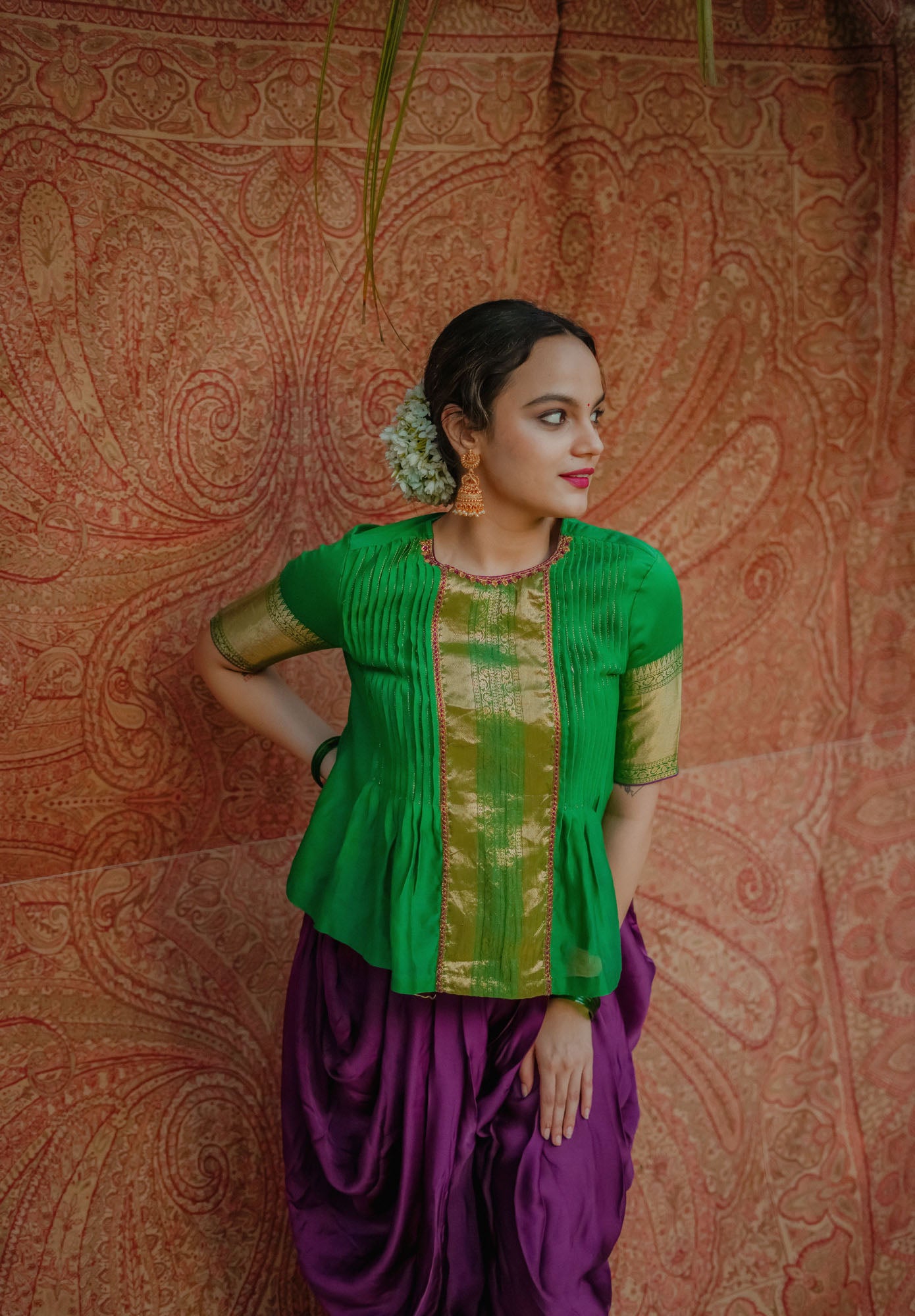 Women’s wear Traditional chanderi peplum top and dhoti pants in green and purple