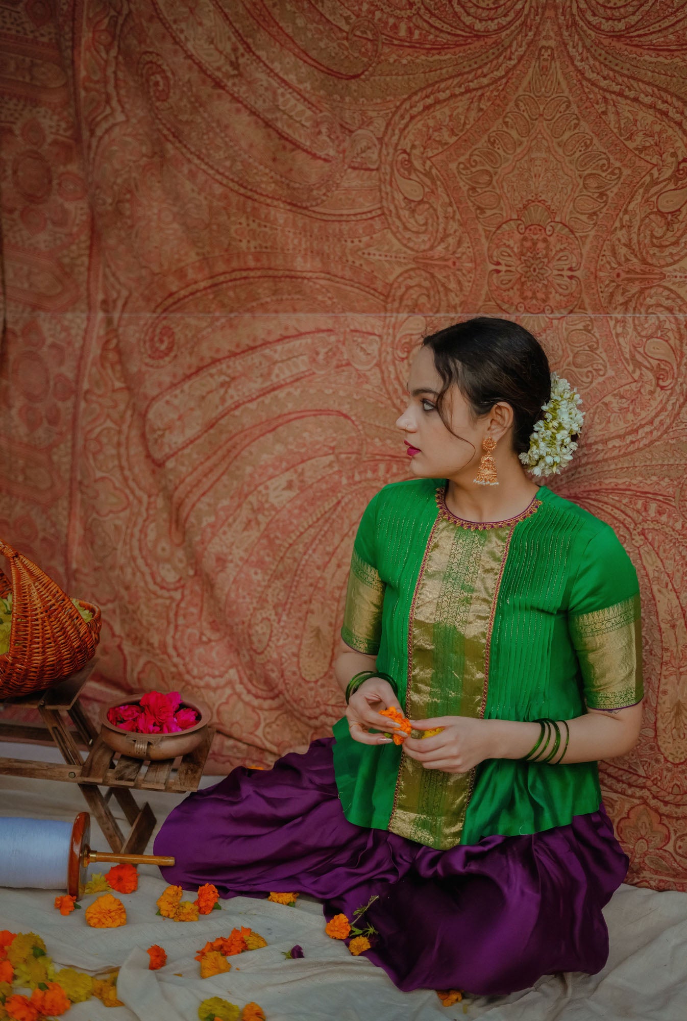 Women’s wear Traditional chanderi peplum top and dhoti pants in green and purple