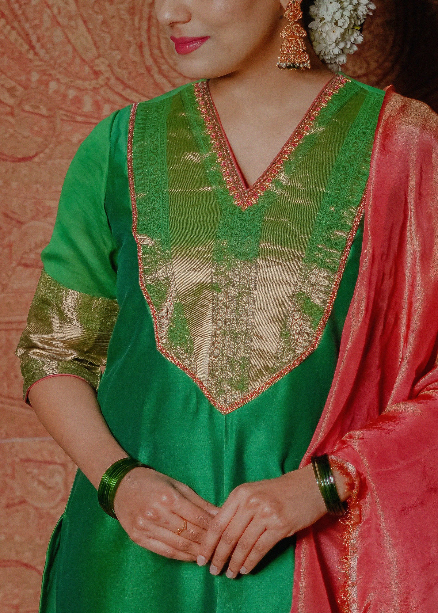 Women’s wear Traditional green chanderi kurta set with embroidery and zari