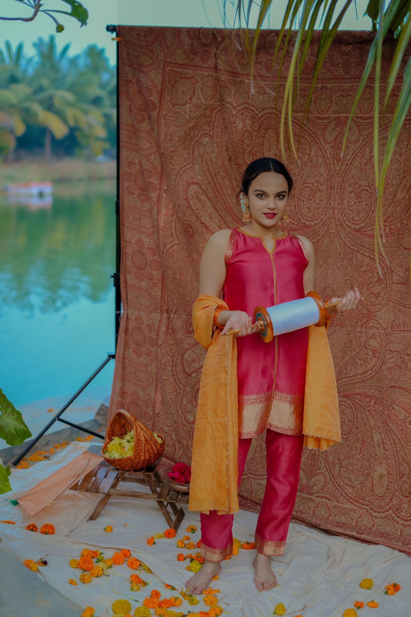 Women’s wear traditional designer sleeveless kurta set in red and orange