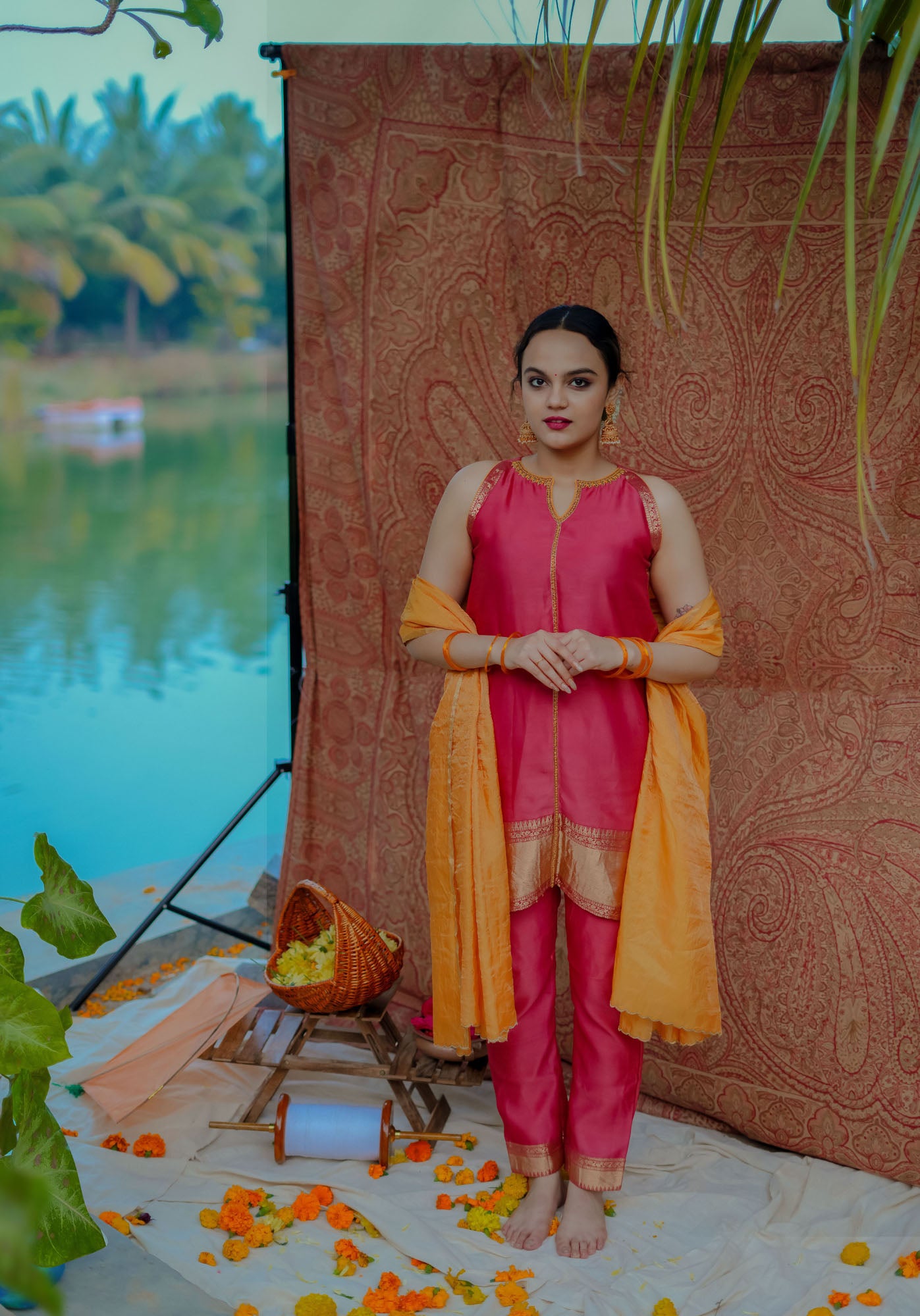 Women’s wear traditional designer sleeveless kurta set in red and orange