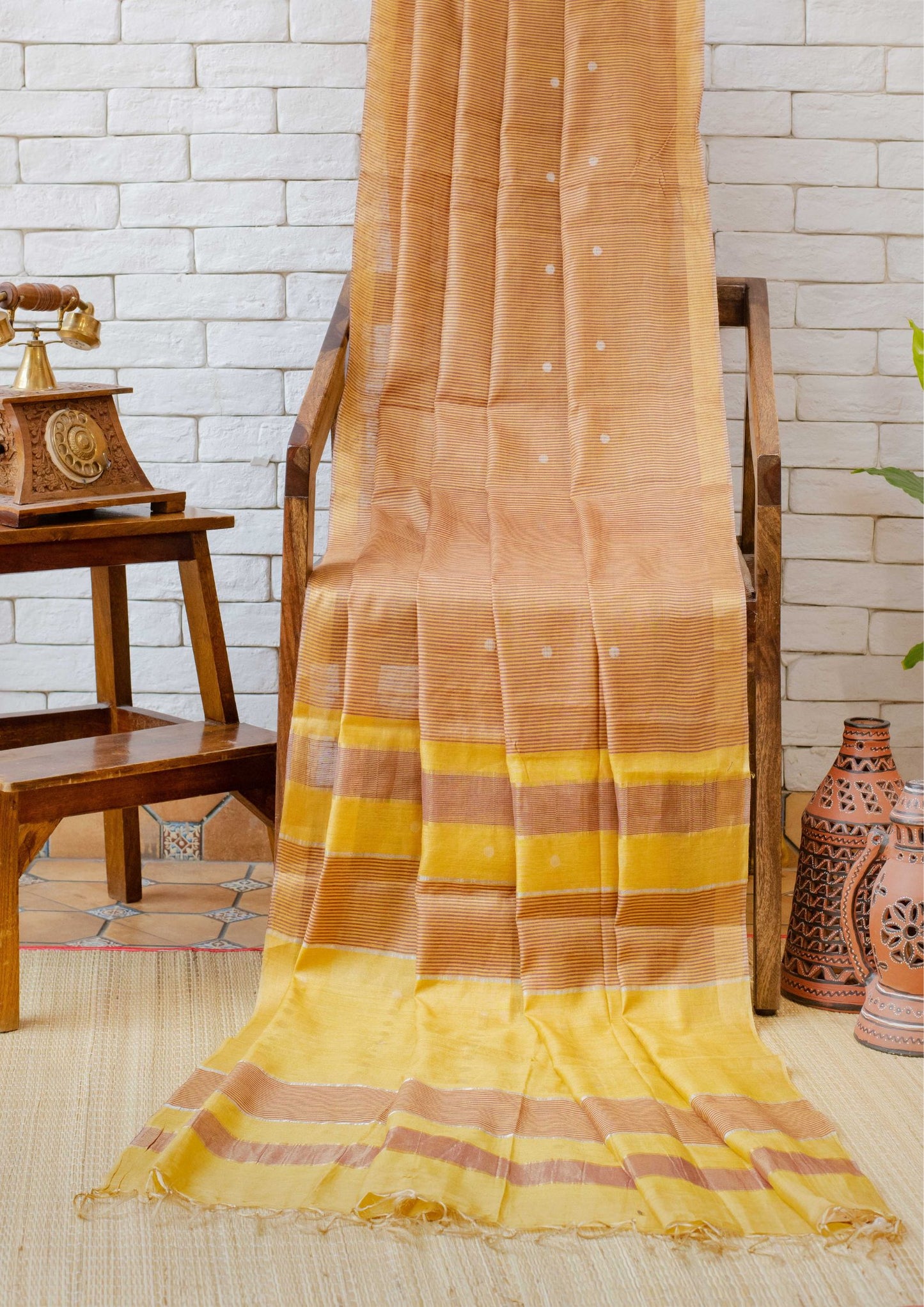 Saree- Handwoven Pure Tussar Soft Silk Tissue Mustard Saree