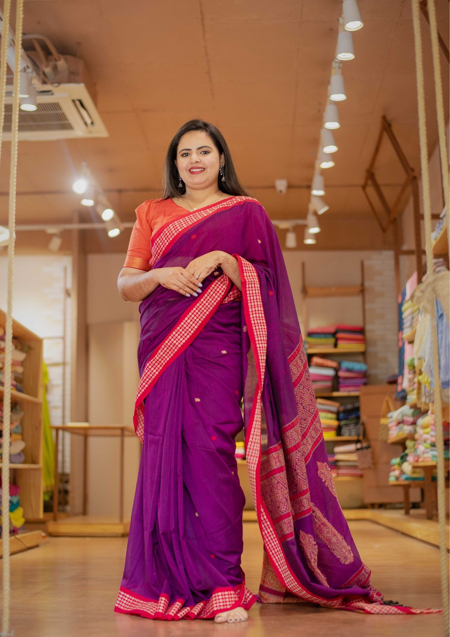 Saree - light weight mul cotton purple saree with woven red borders