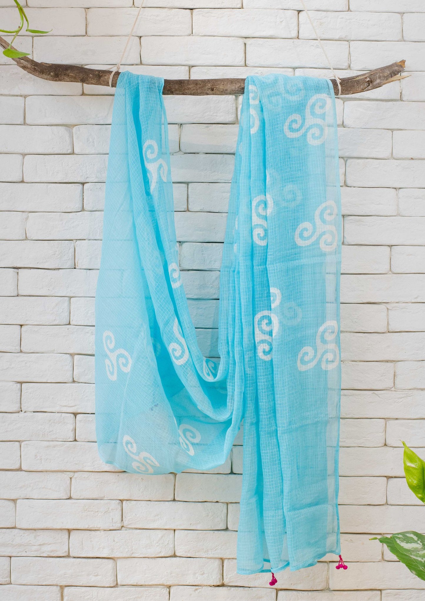 Kota Doria Sky Blue Dupatta with Batik Print