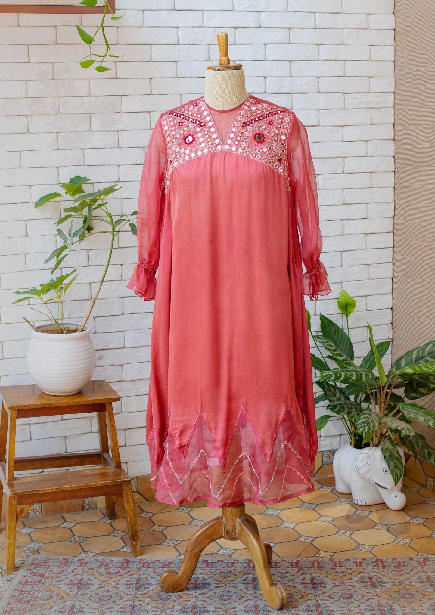 Women’s wear - Red Mirror Embroidered Organza Sleeves Dress