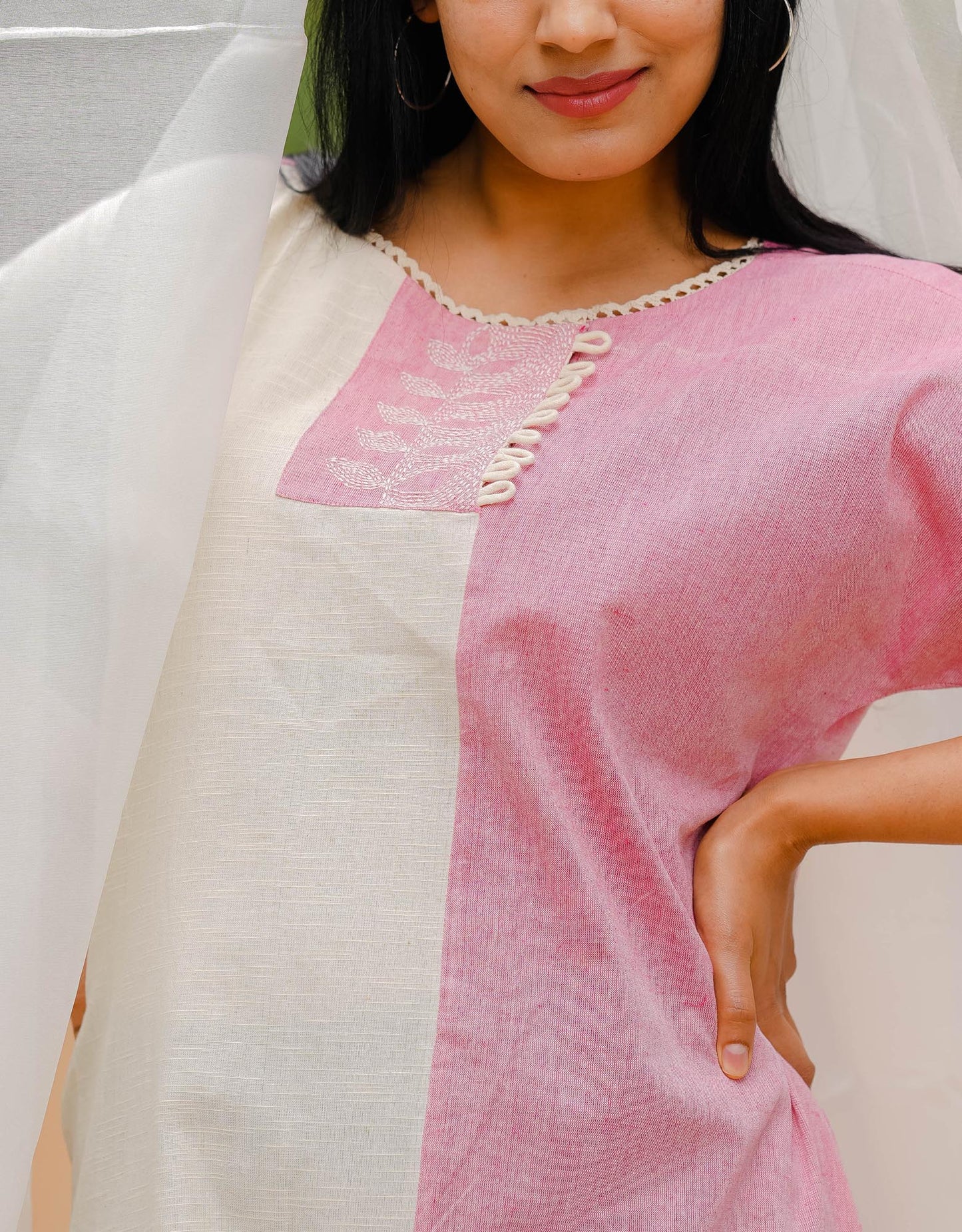Women’s wear A-line cotton dress in white and pink