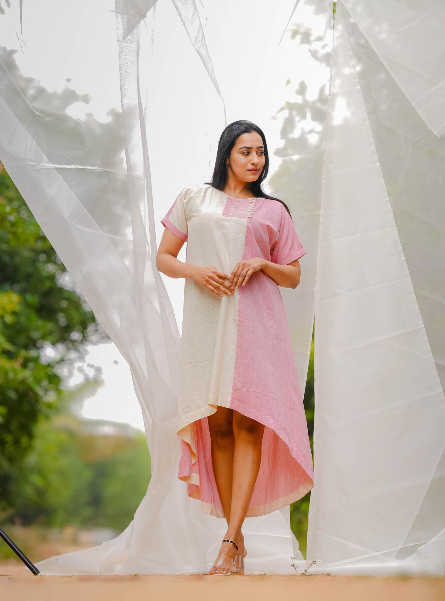 Women’s wear A-line cotton dress in white and pink