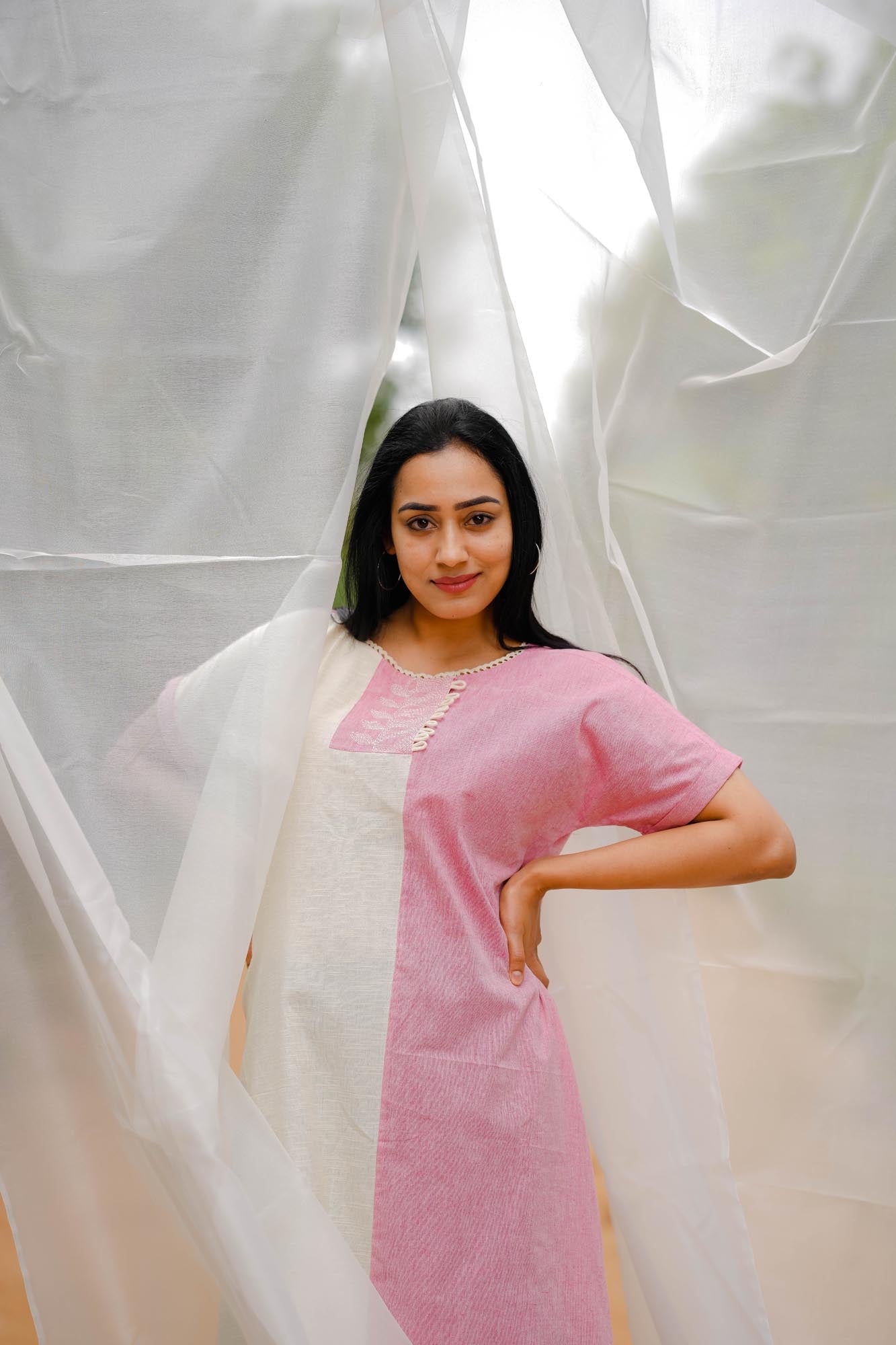 Women’s wear A-line cotton dress in white and pink