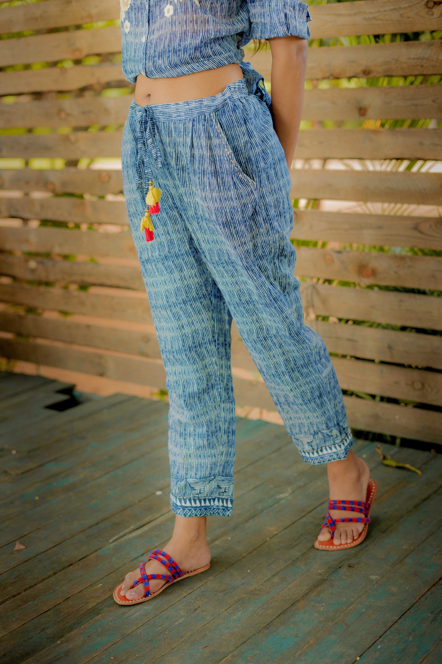 Cotton Stripe Pants with Embroidery Detail