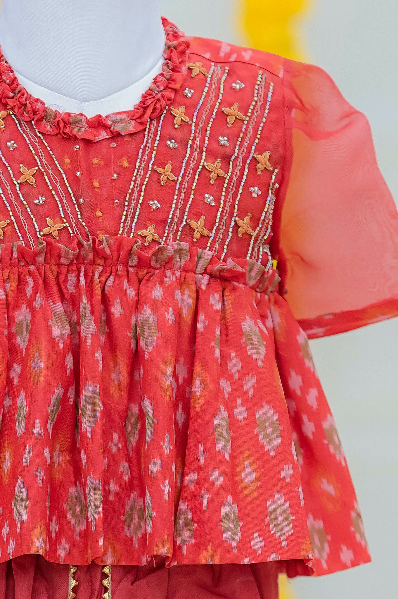 Kids girls embroidered ikat outfit red