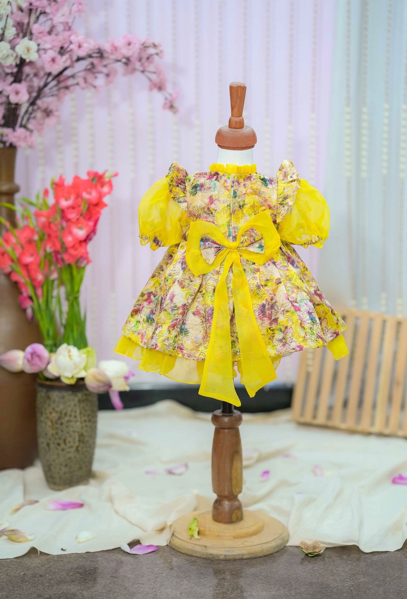 Kids girls fancy organza frock in yellow