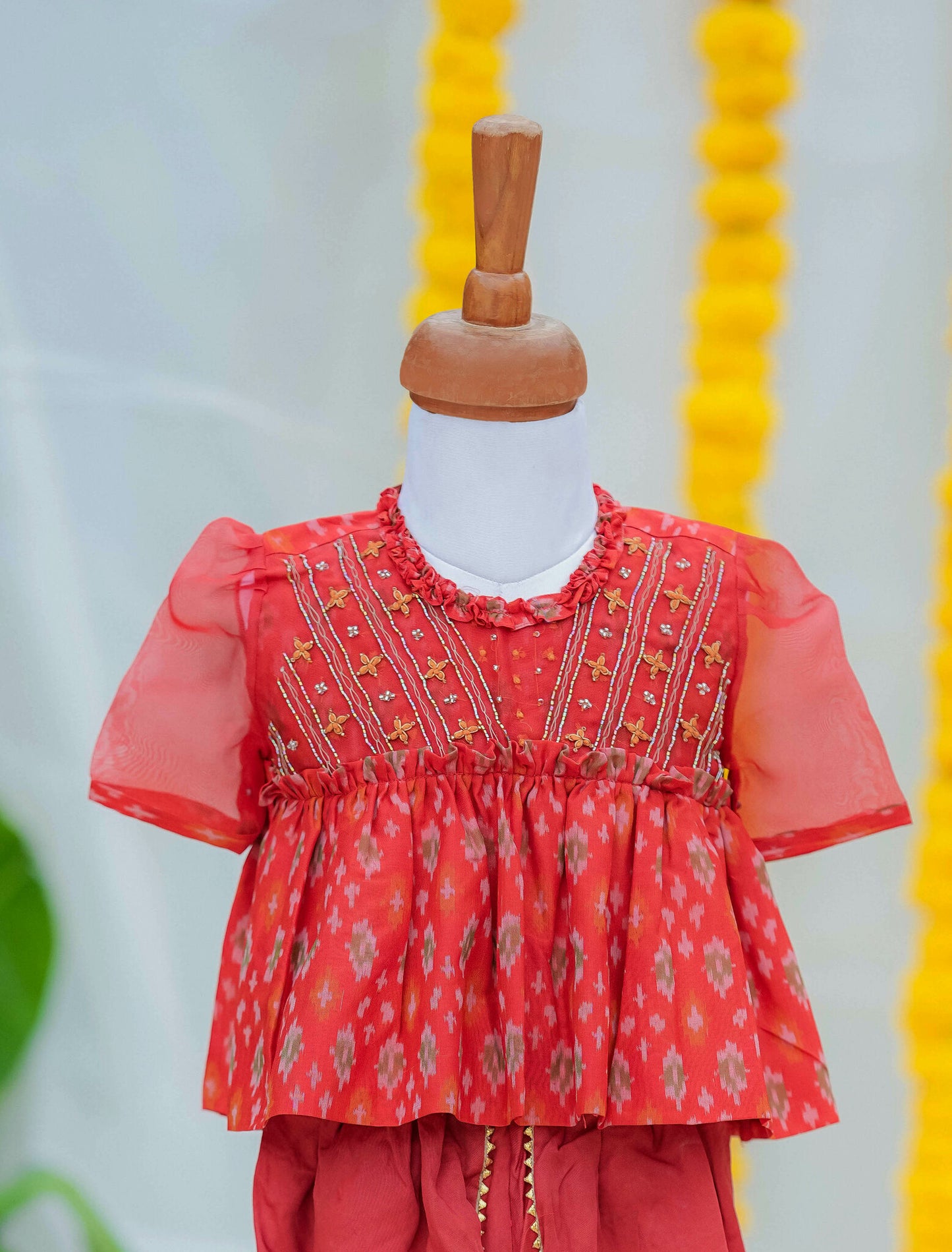 Kids girls embroidered ikat outfit red