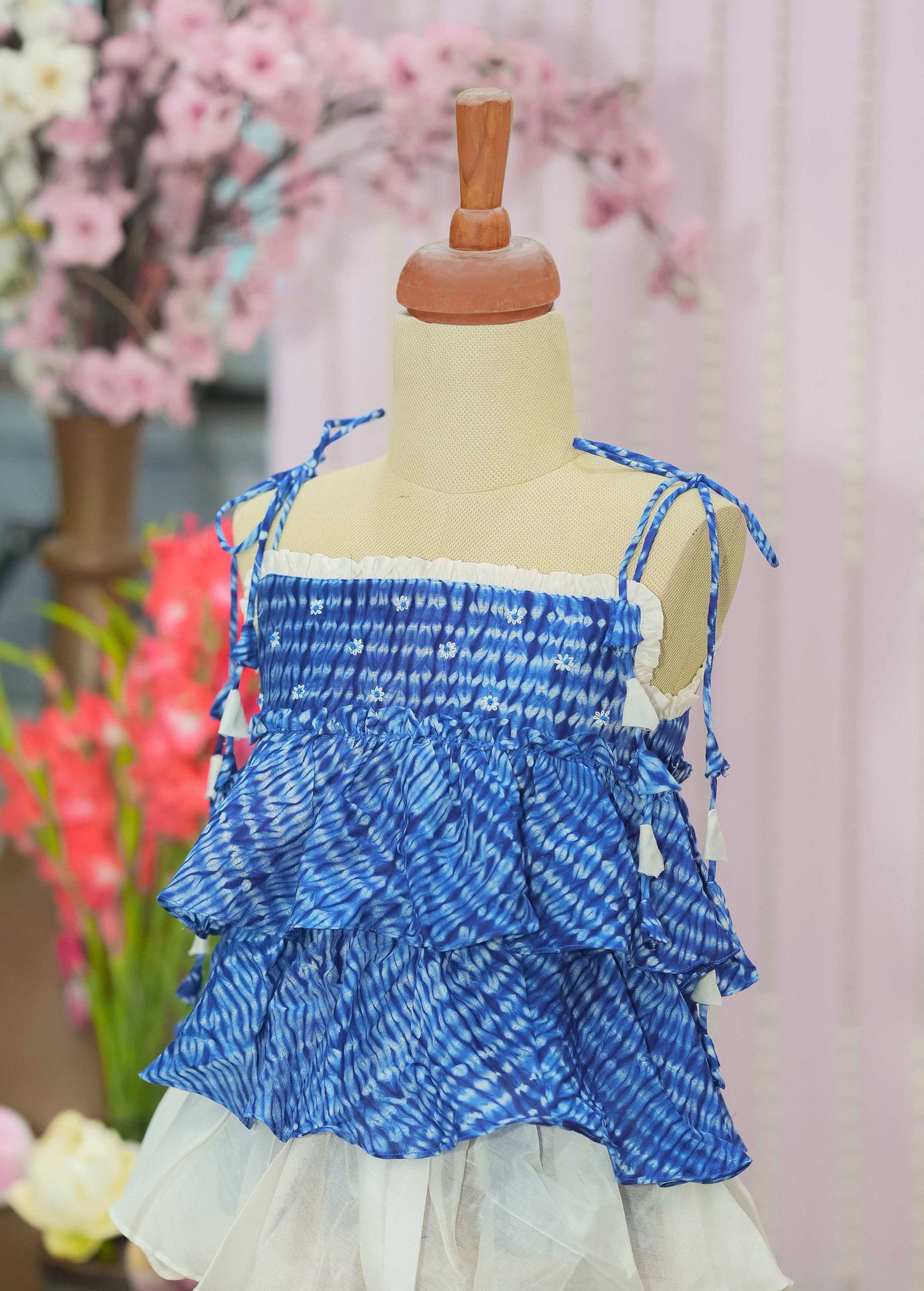 Kids girls blue and white frock with tie up sleeves