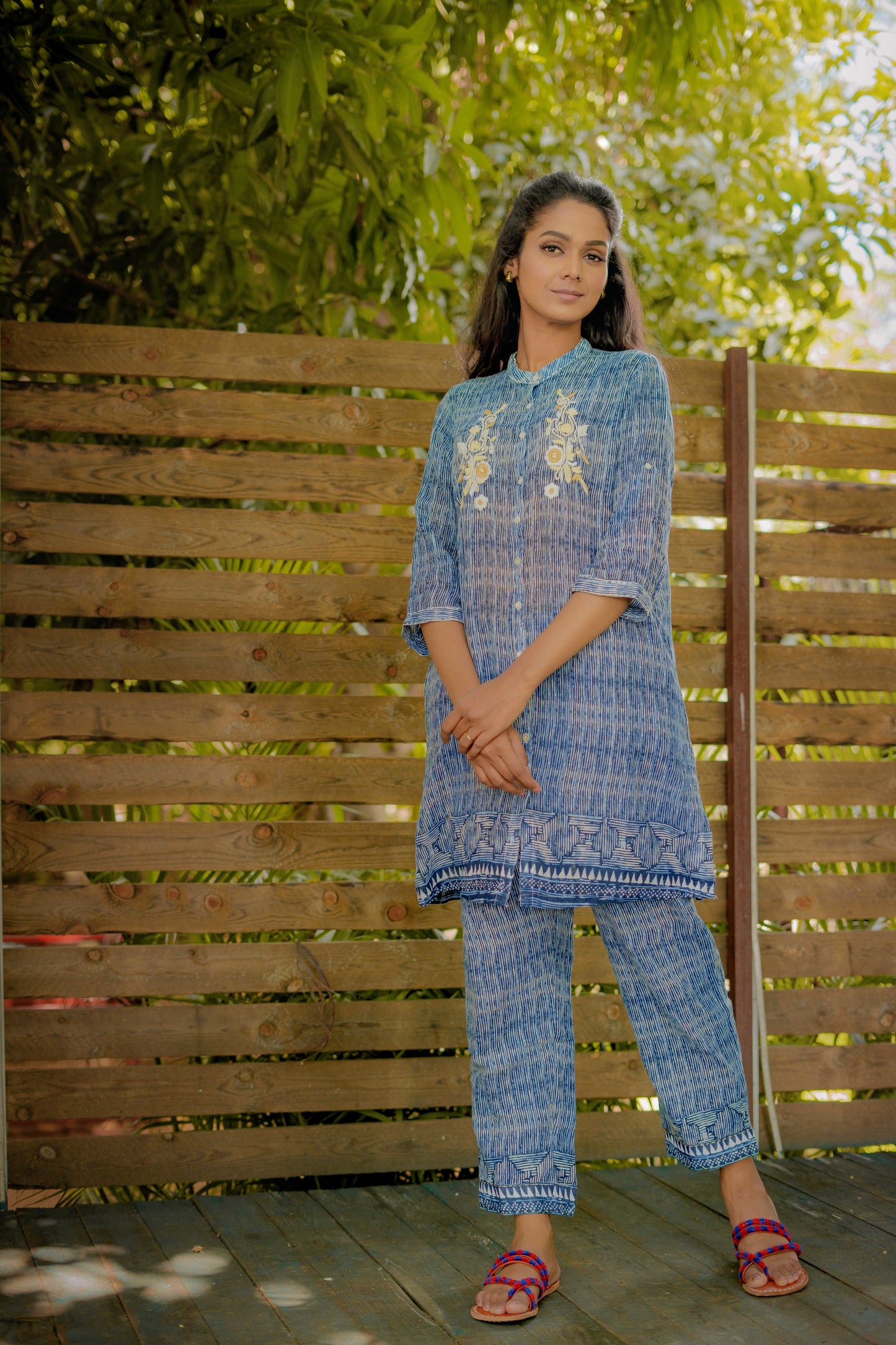 Cotton Stripe Button Down Dress with Embroidery