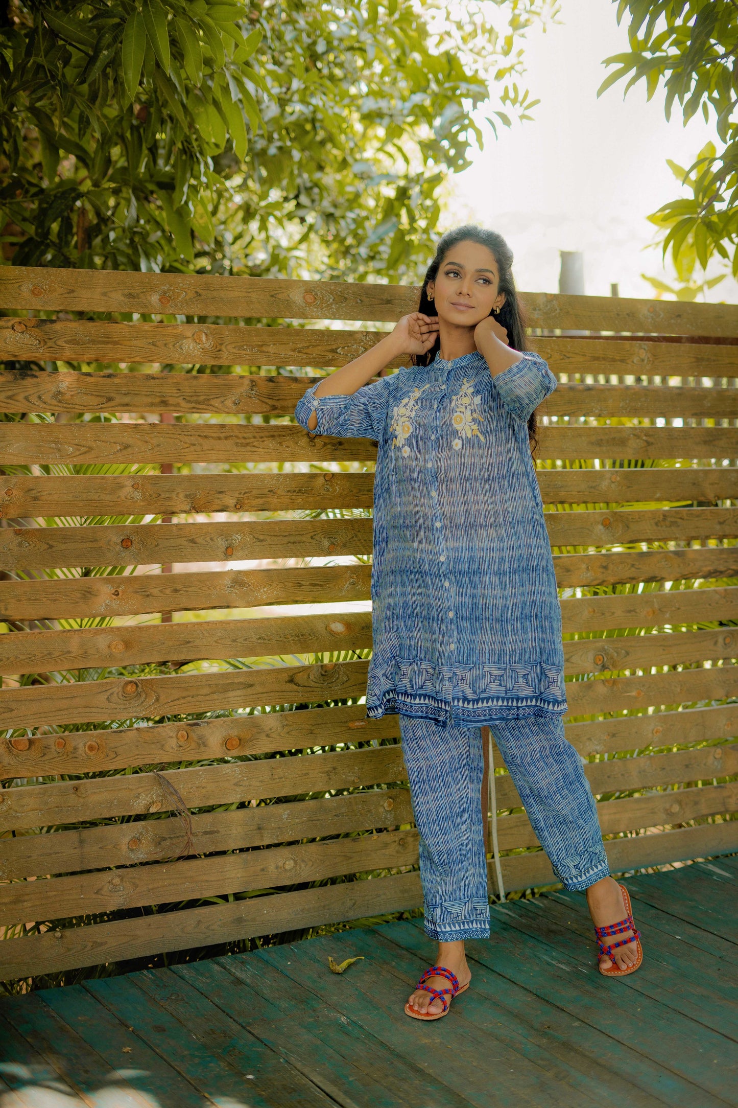 Cotton Stripe Button Down Dress with Embroidery