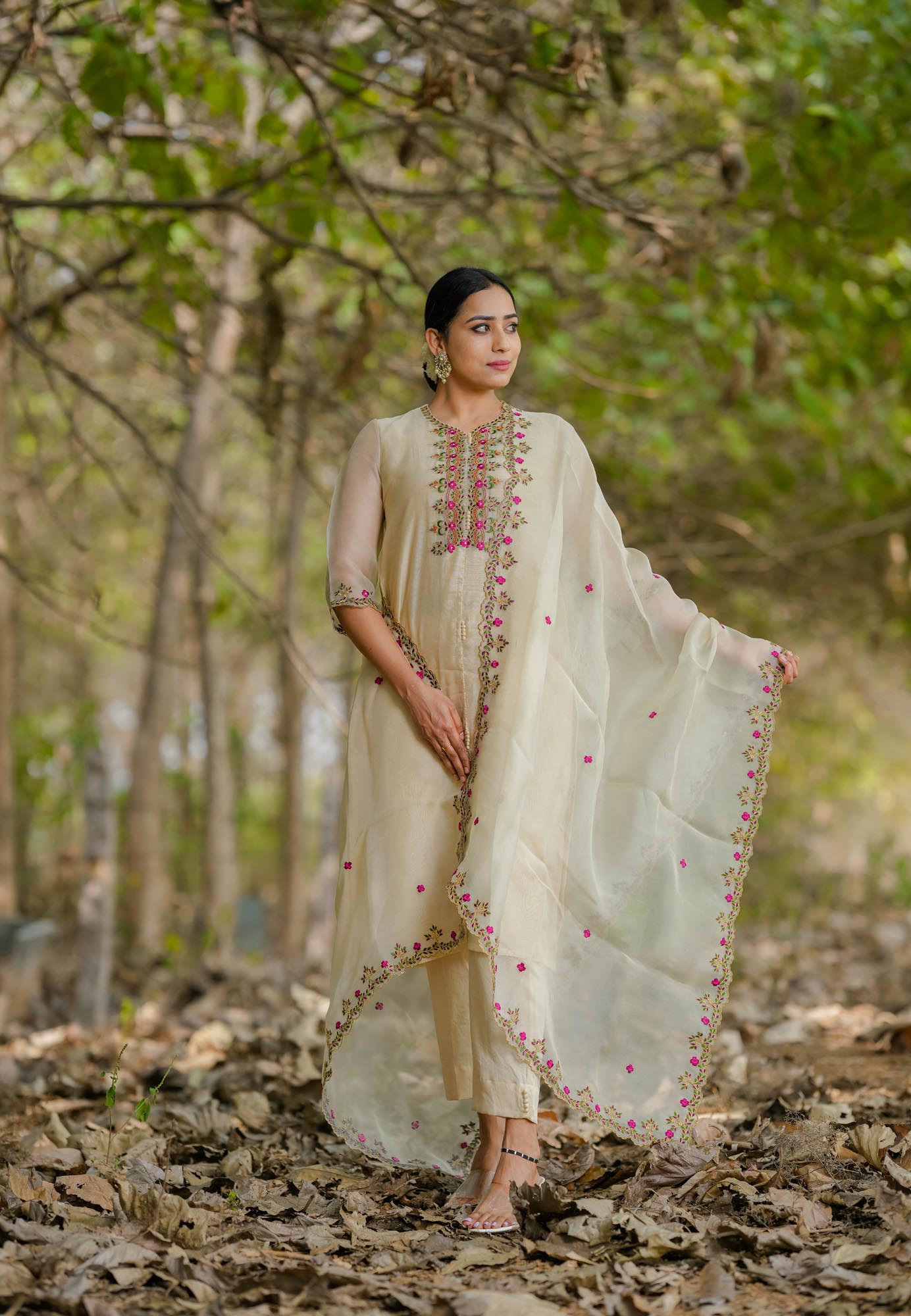 Women’s wear embroidered chanderi kurta set with organza dupatta beige
