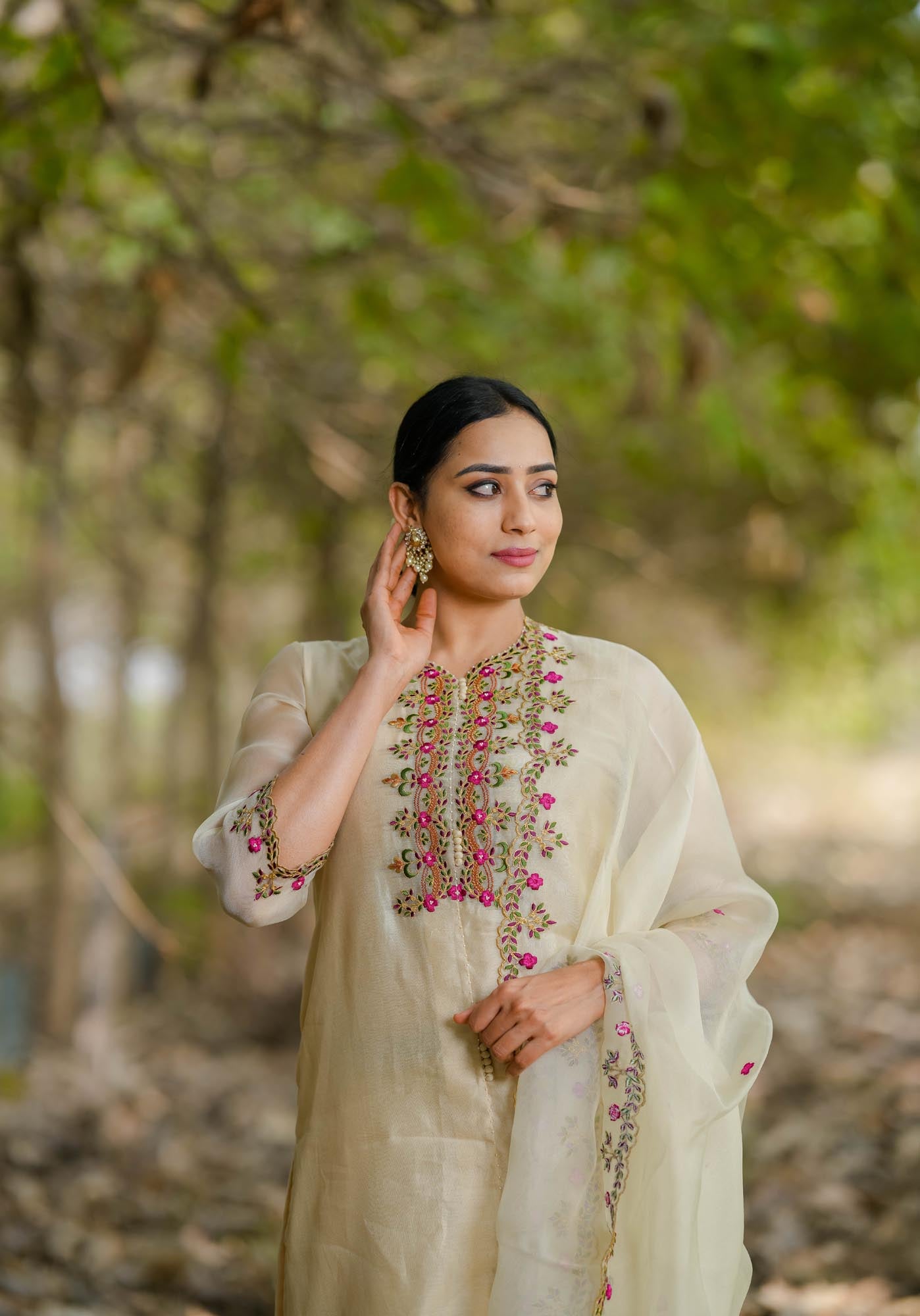 Women’s wear embroidered chanderi kurta set with organza dupatta beige
