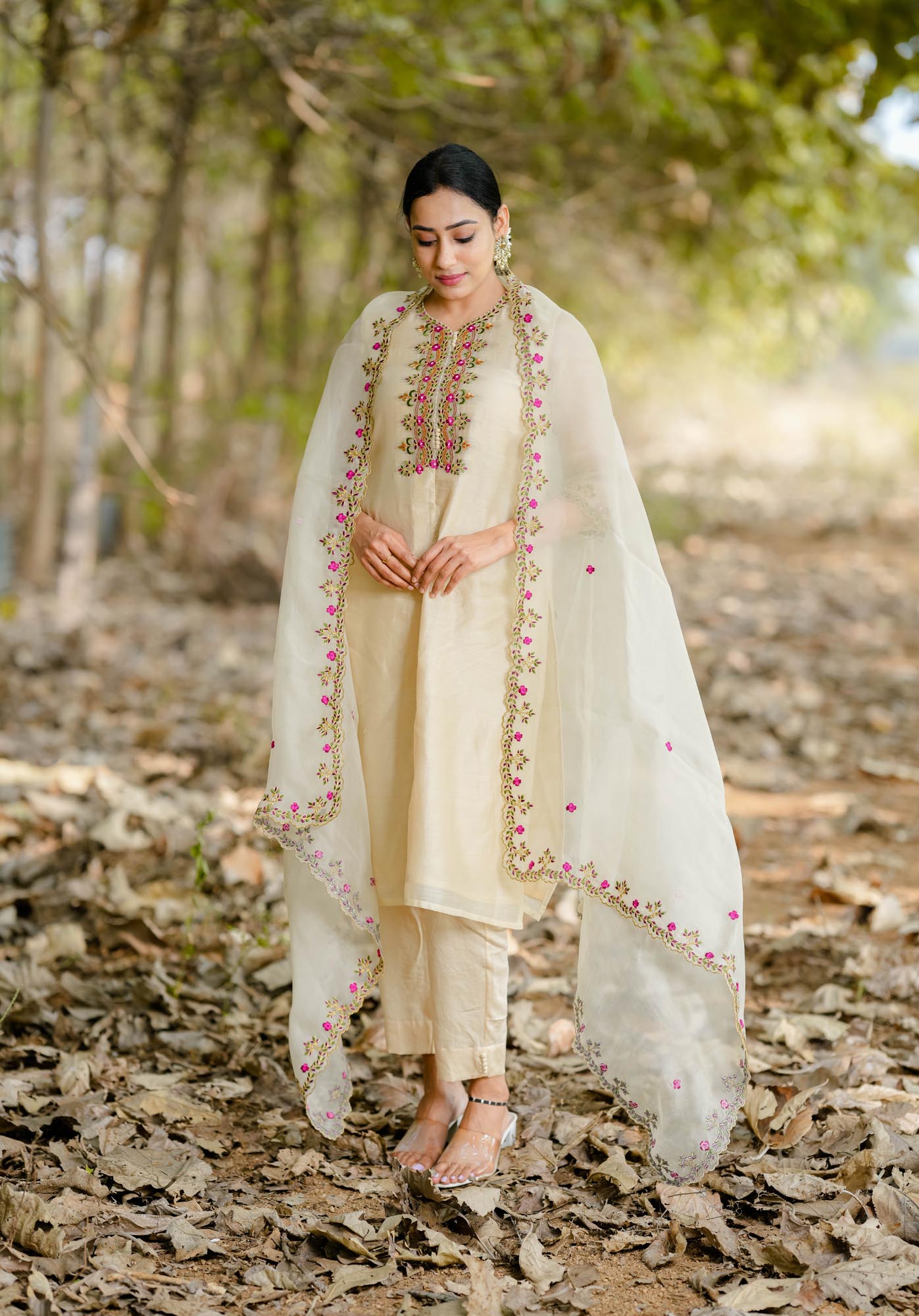 Women’s wear embroidered chanderi kurta set with organza dupatta beige