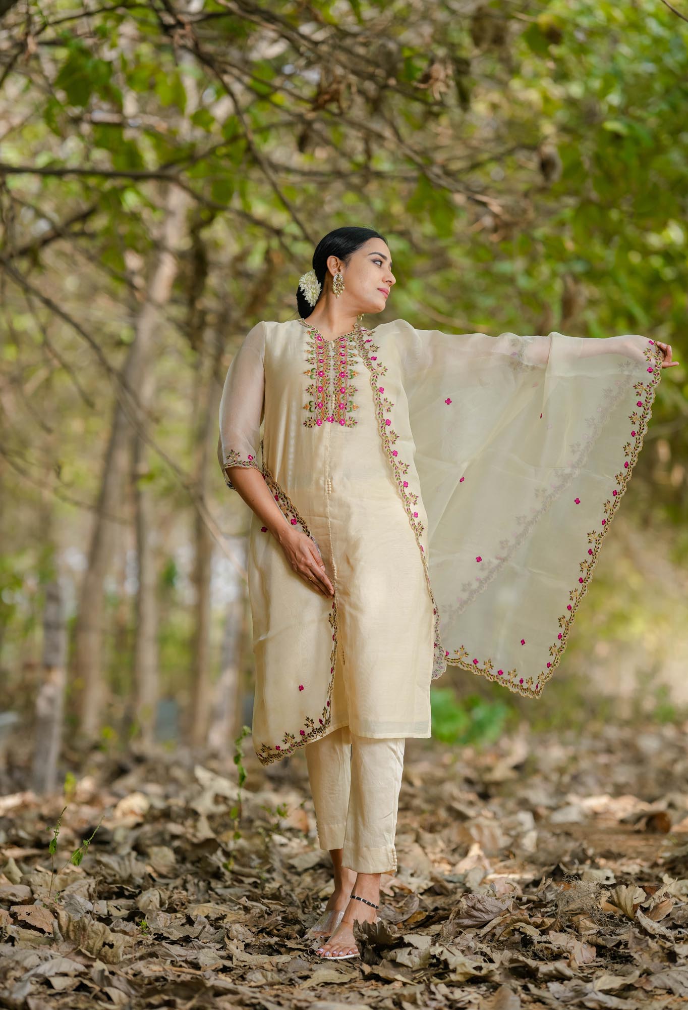 Women’s wear embroidered chanderi kurta set with organza dupatta beige