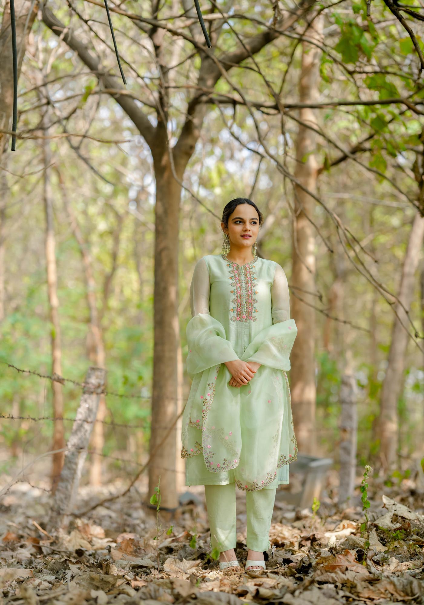 Women’s wear embroidered chanderi kurta set in pastel pista green