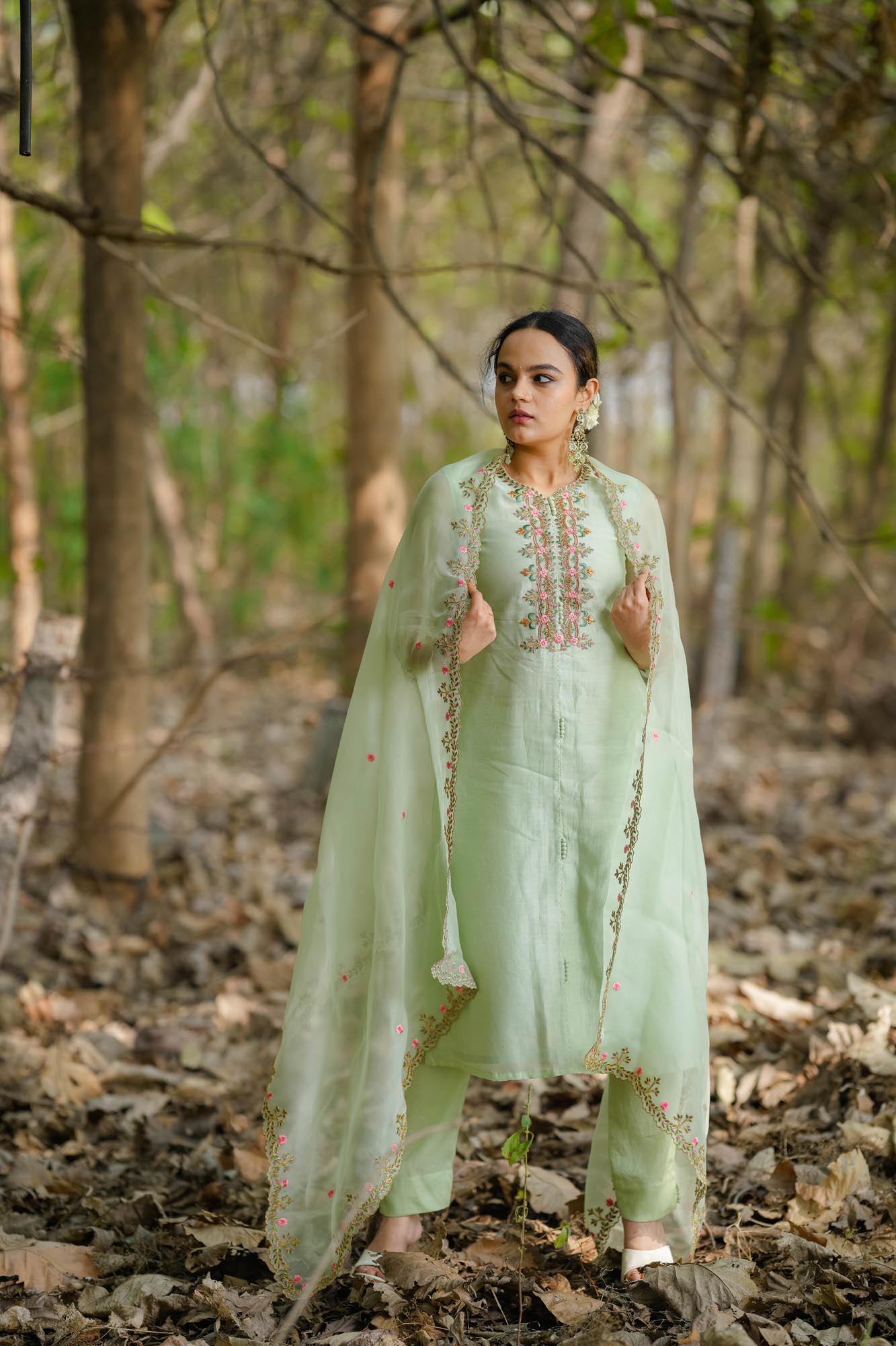 Women’s wear embroidered chanderi kurta set in pastel pista green