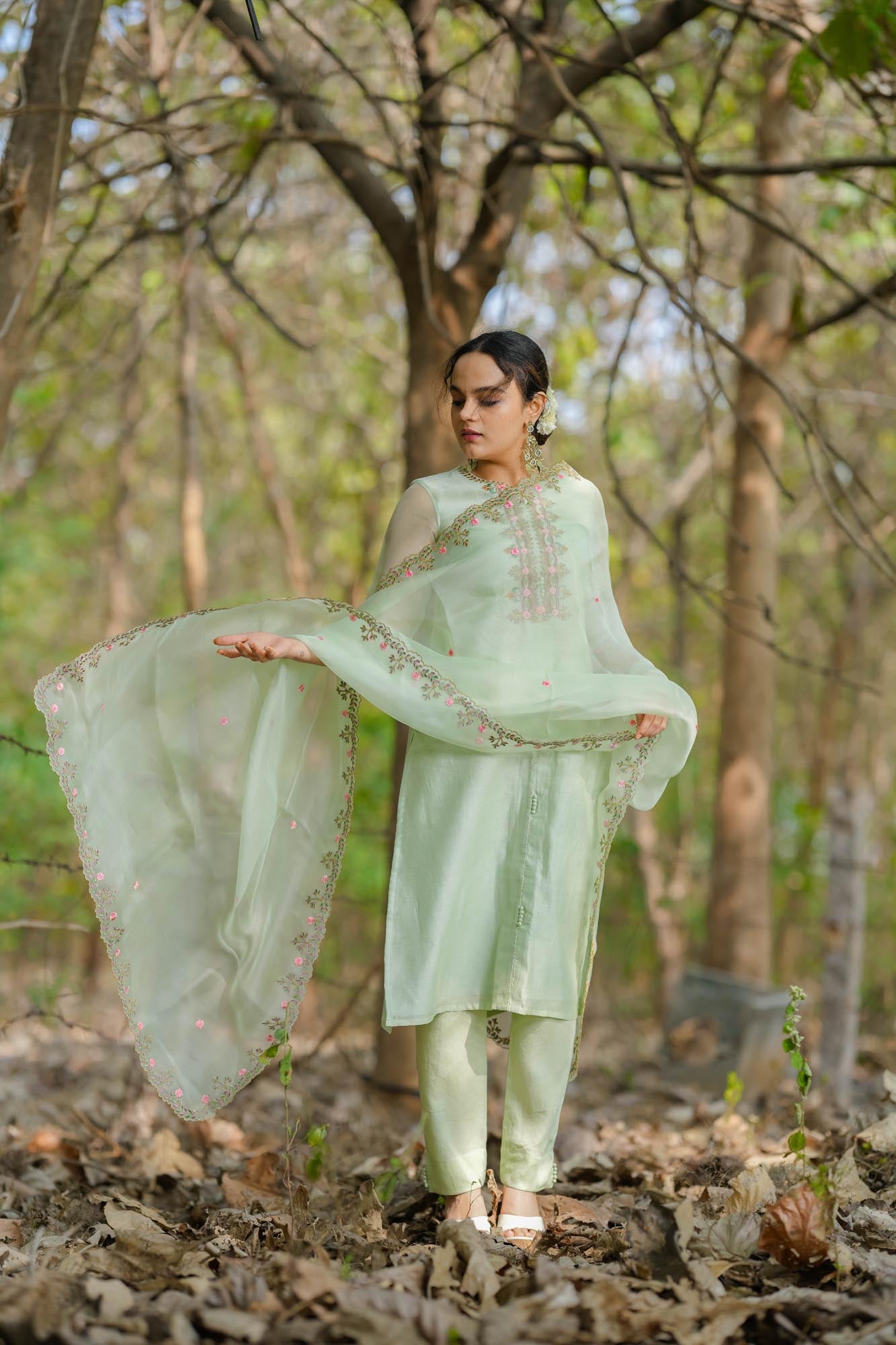 Women’s wear embroidered chanderi kurta set in pastel pista green