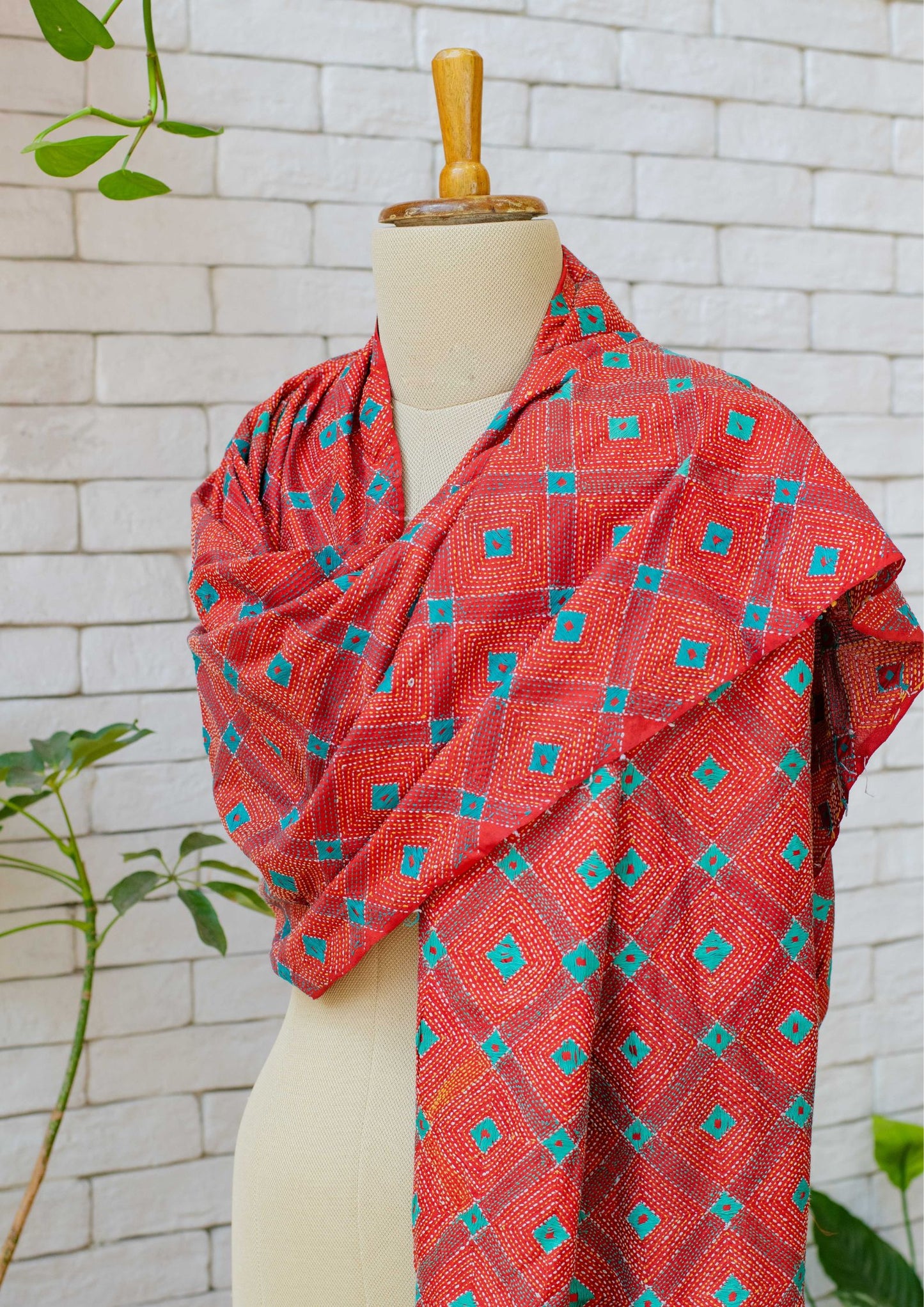 Hand Embroidered Kantha Work Dupatta in Rust Colour
