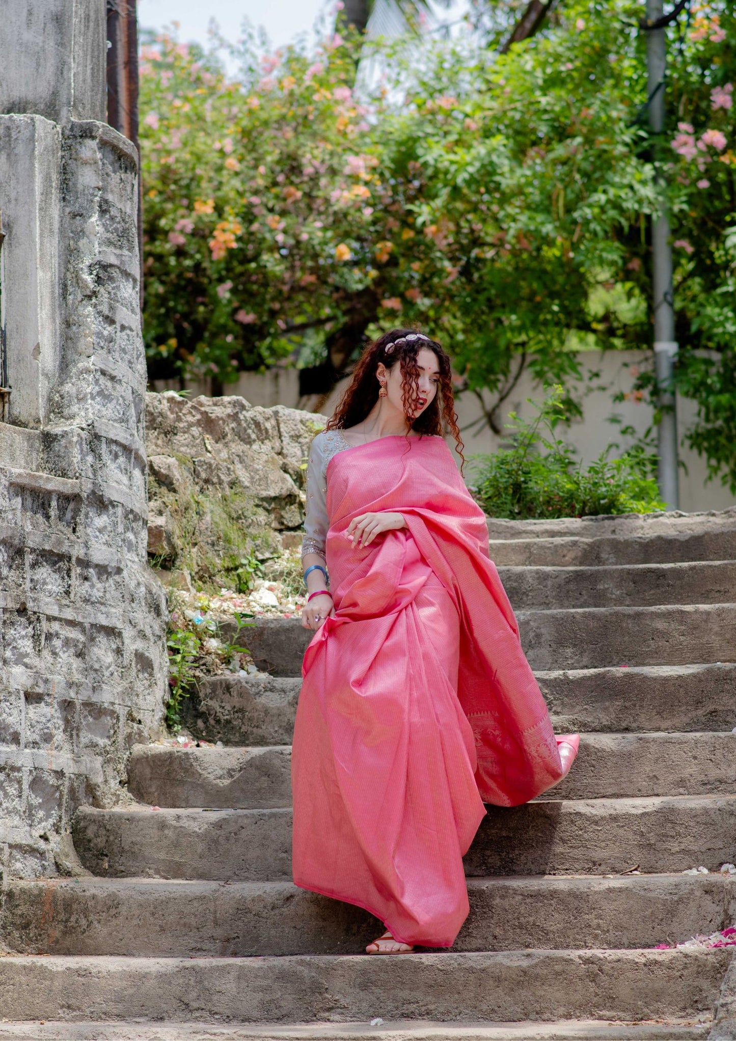 Saree - Pure Silk light weight Kanchi Saree in Pink Colour