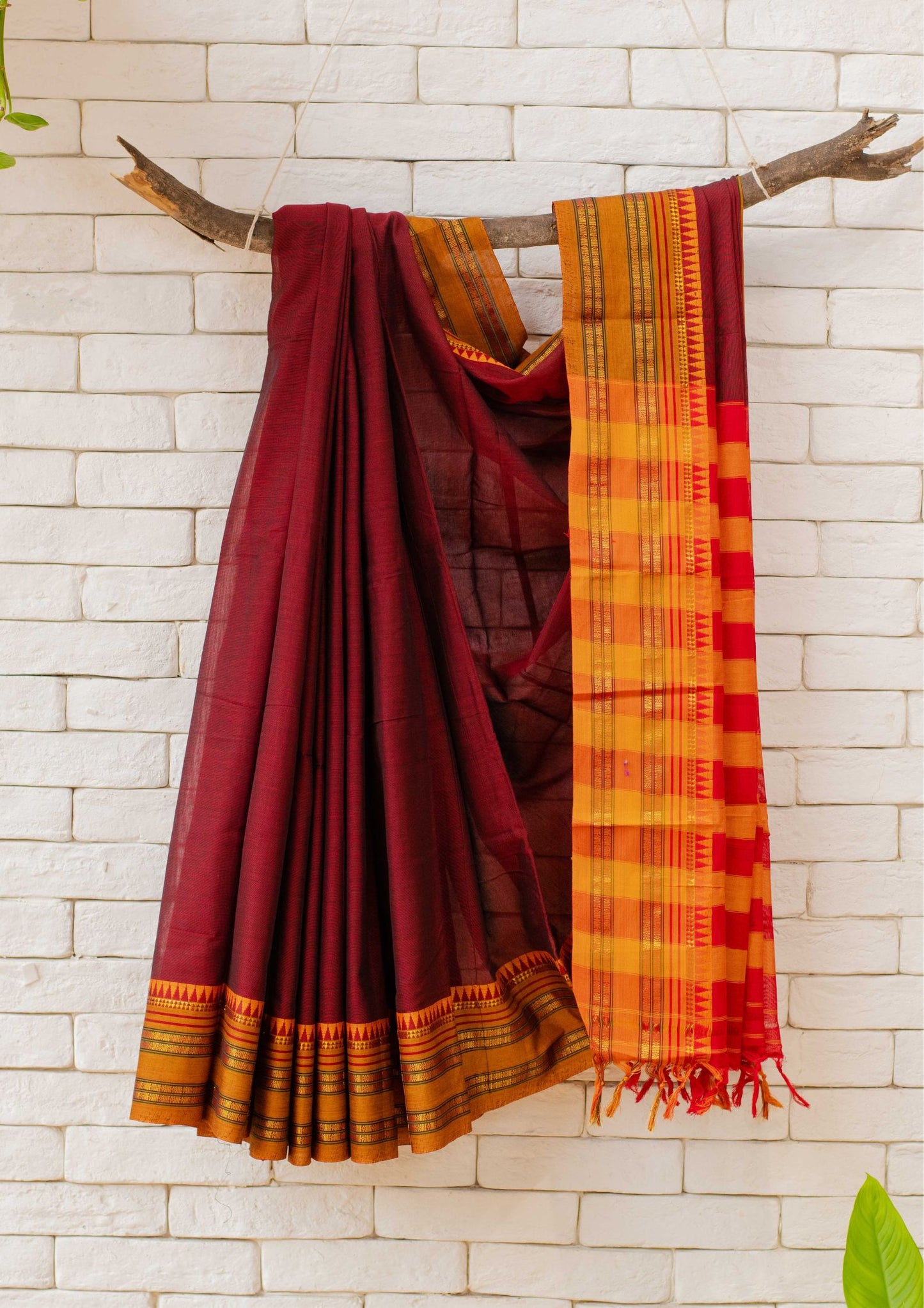 Saree- Narayanpet Maroon Cotton Saree with Golden Zari Border