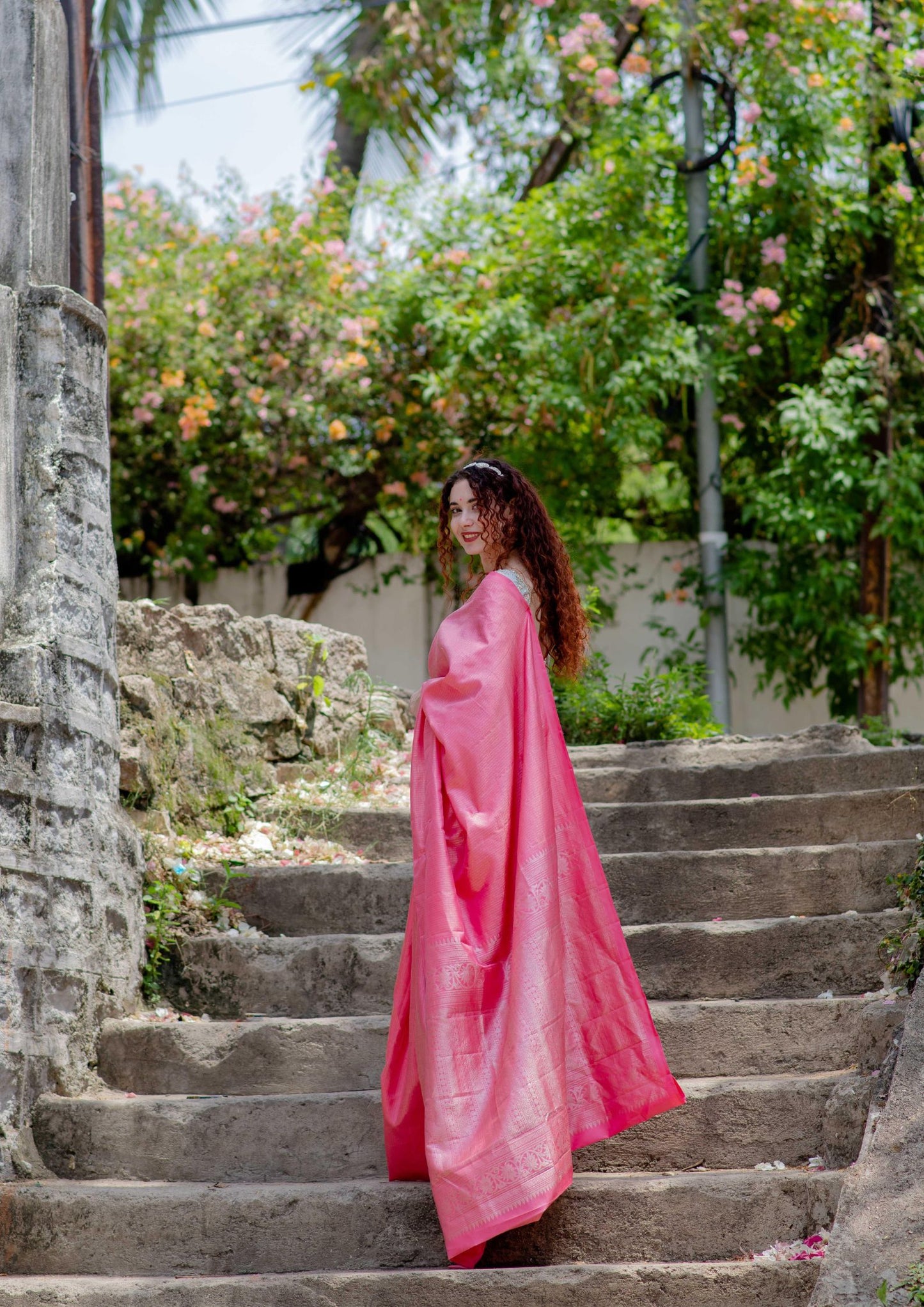Saree - Pure Silk light weight Kanchi Saree in Pink Colour