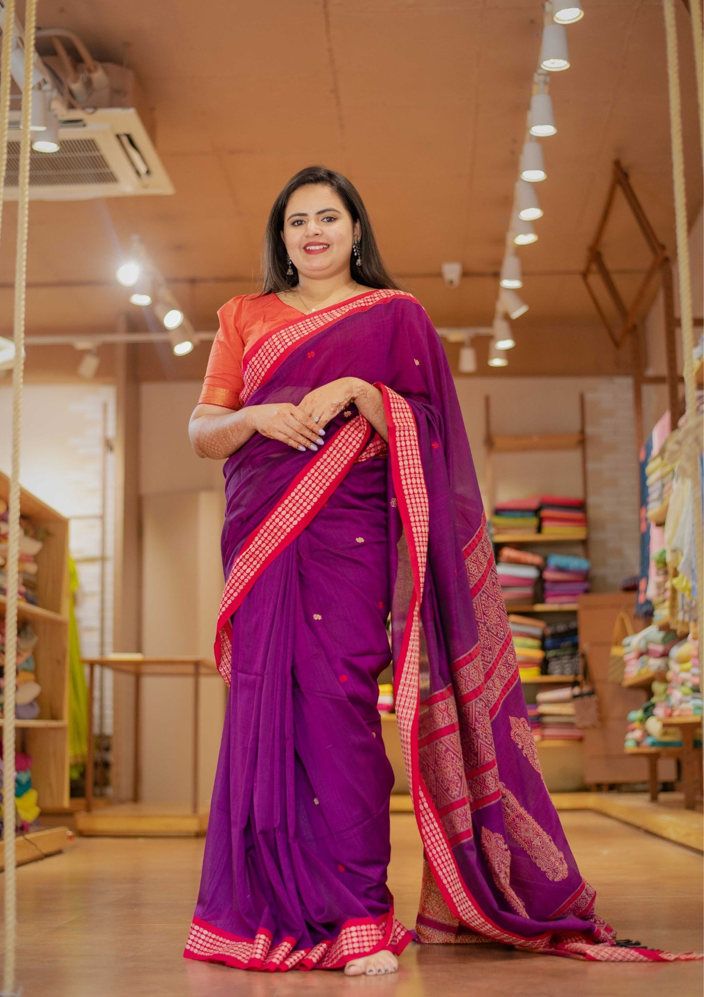Saree - light weight mul cotton purple saree with woven red borders