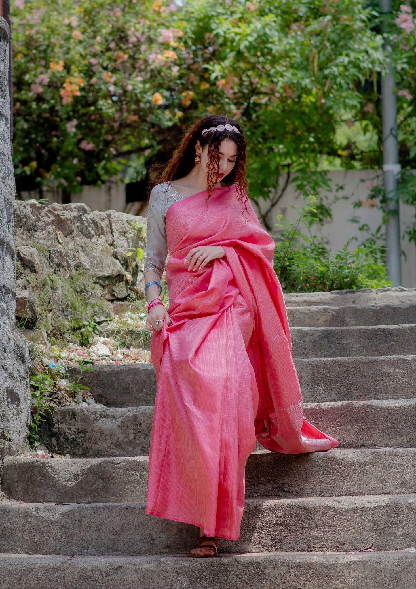 Saree - Pure Silk light weight Kanchi Saree in Pink Colour