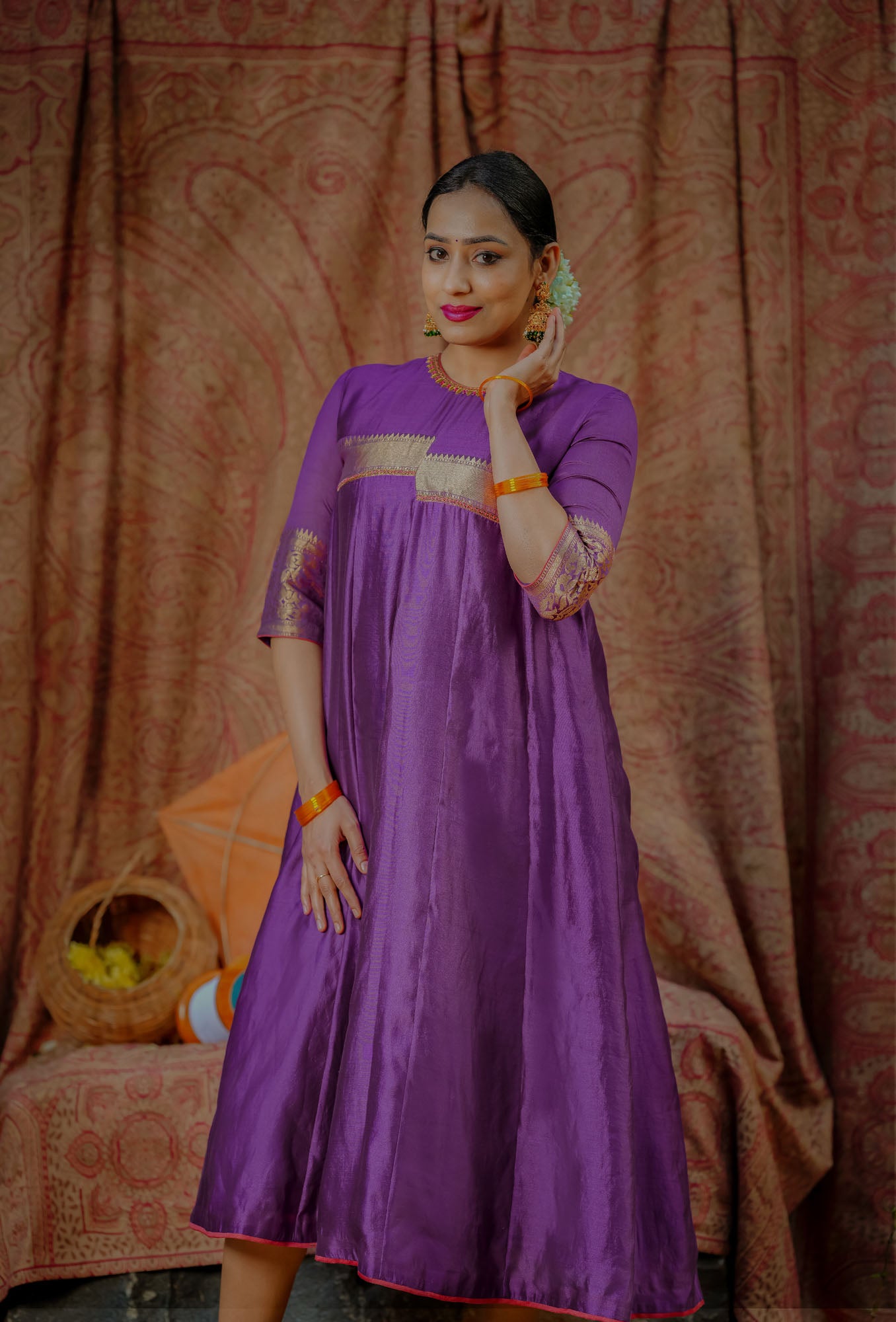Women’s wear traditional chanderi maxi dress with hand embroidery