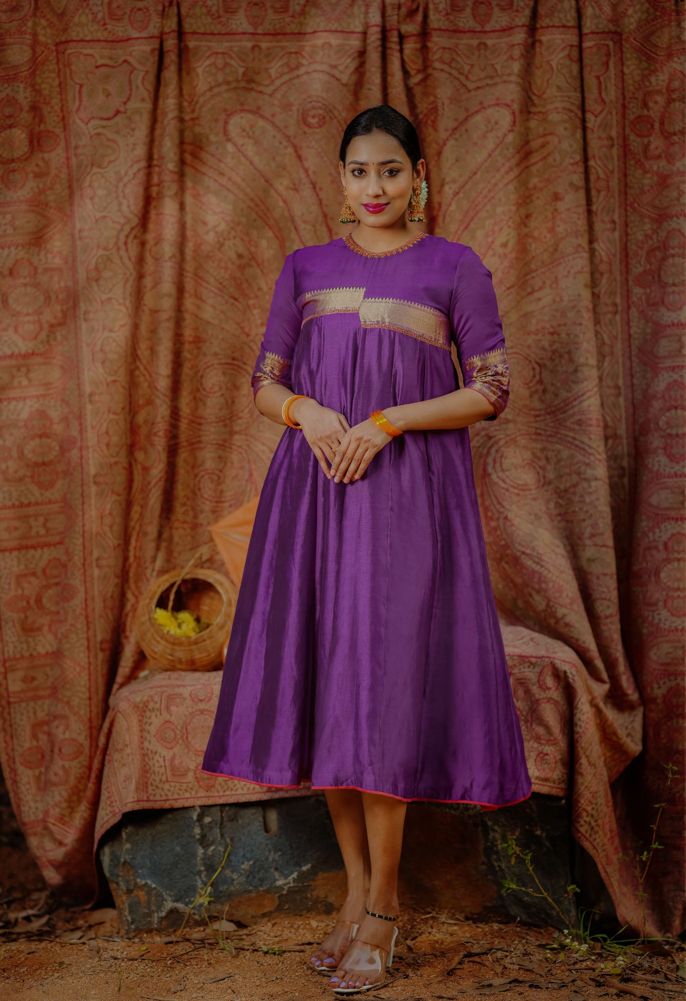 Women’s wear traditional chanderi maxi dress with hand embroidery