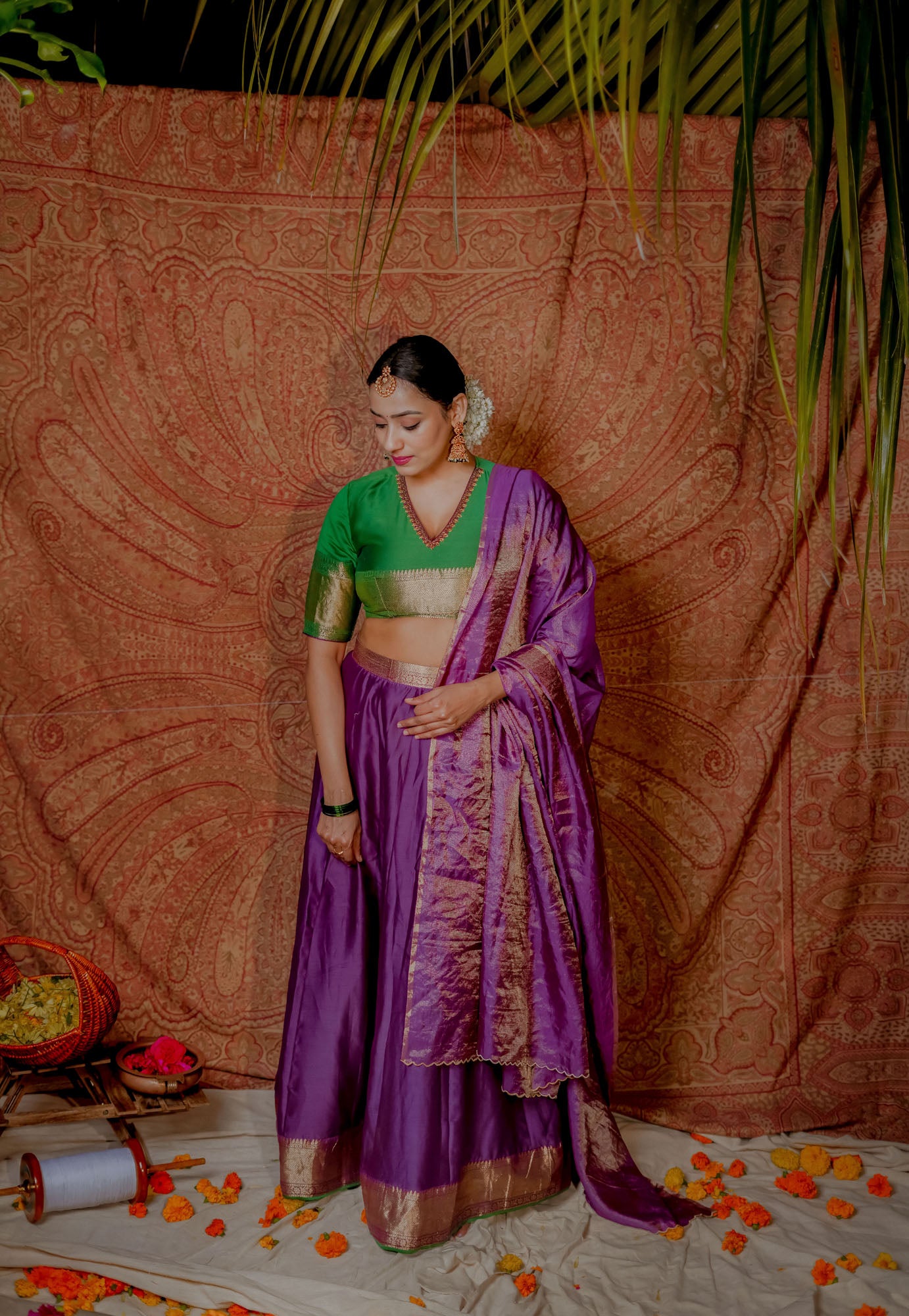 Women’s wear Traditional chanderi lehenga set in green and purple