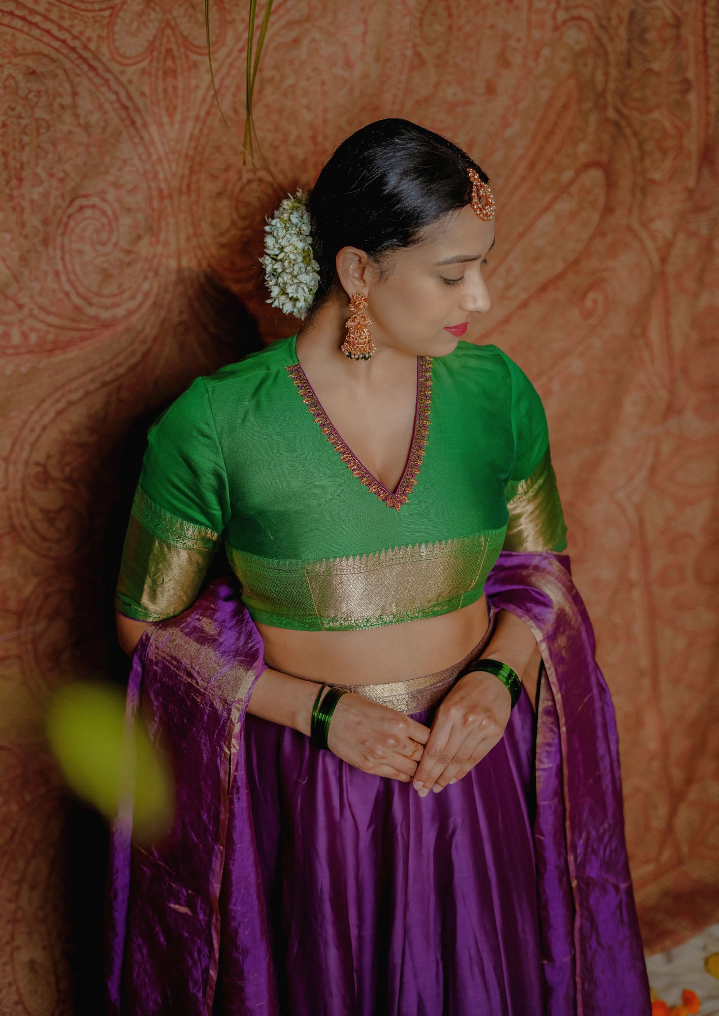 Women’s wear Traditional chanderi lehenga set in green and purple