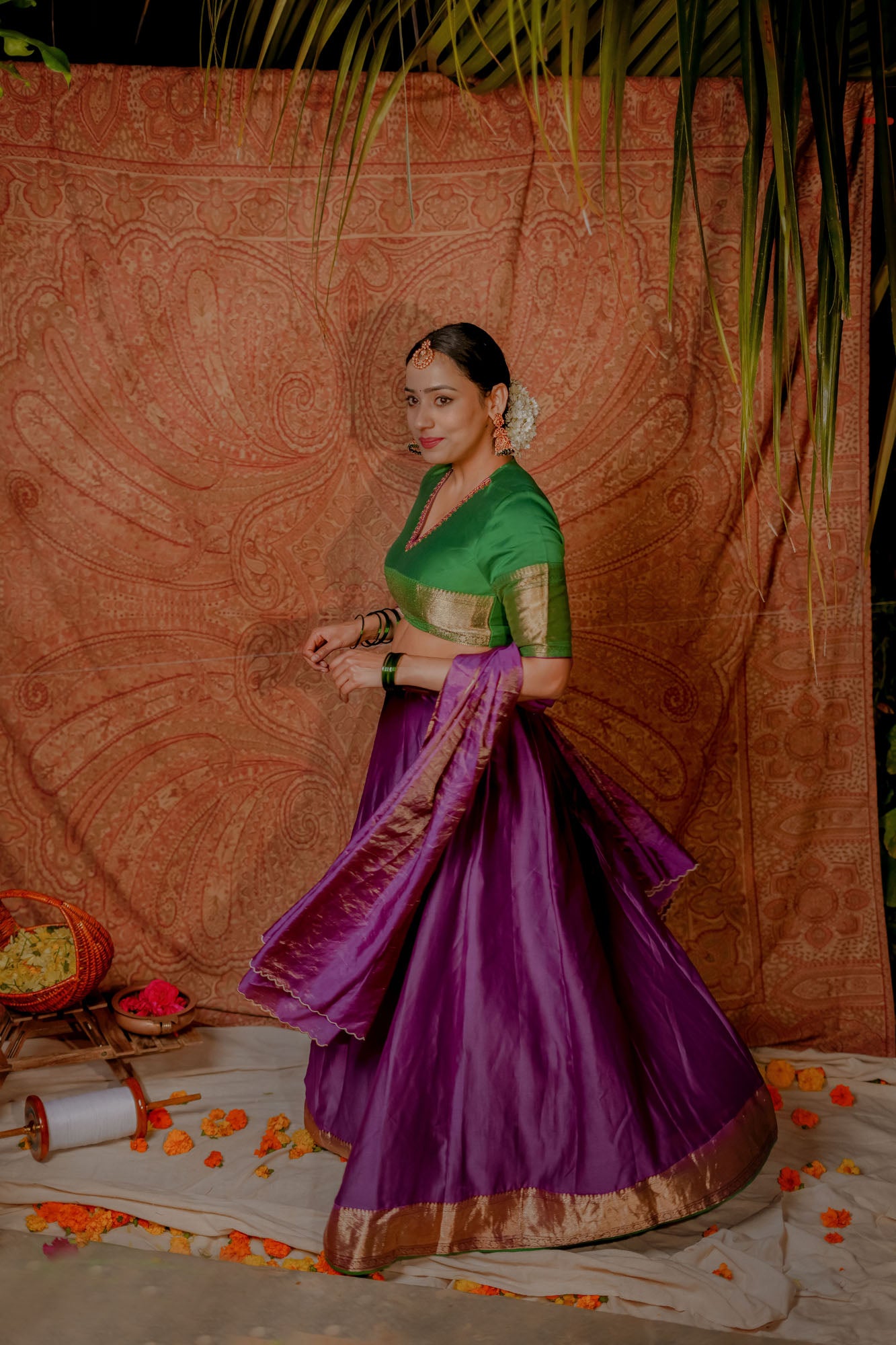 Women’s wear Traditional chanderi lehenga set in green and purple