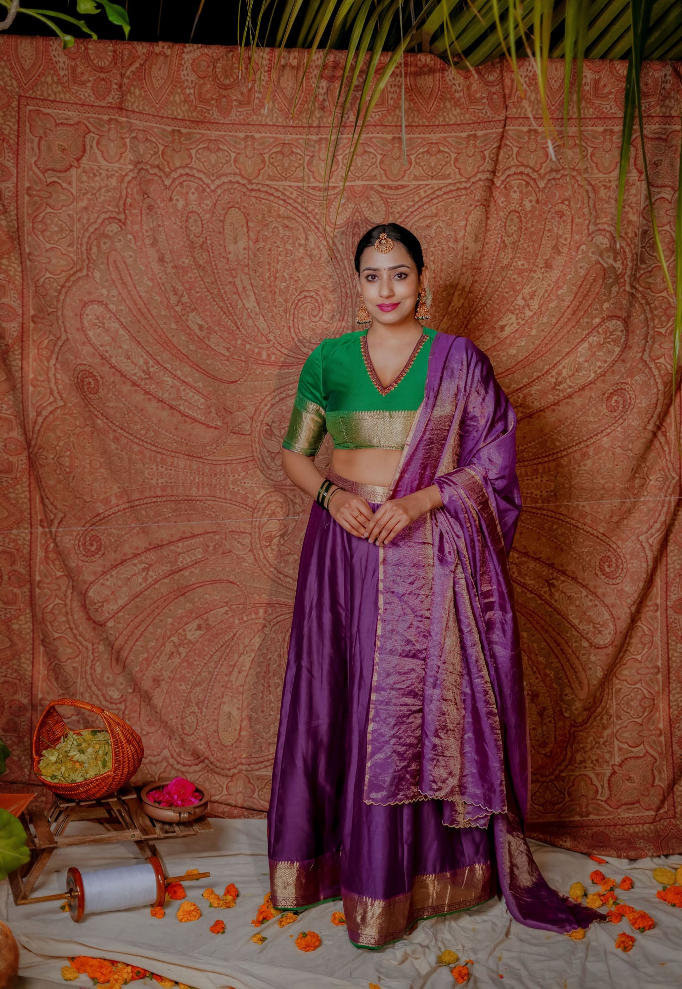 Women’s wear Traditional chanderi lehenga set in green and purple