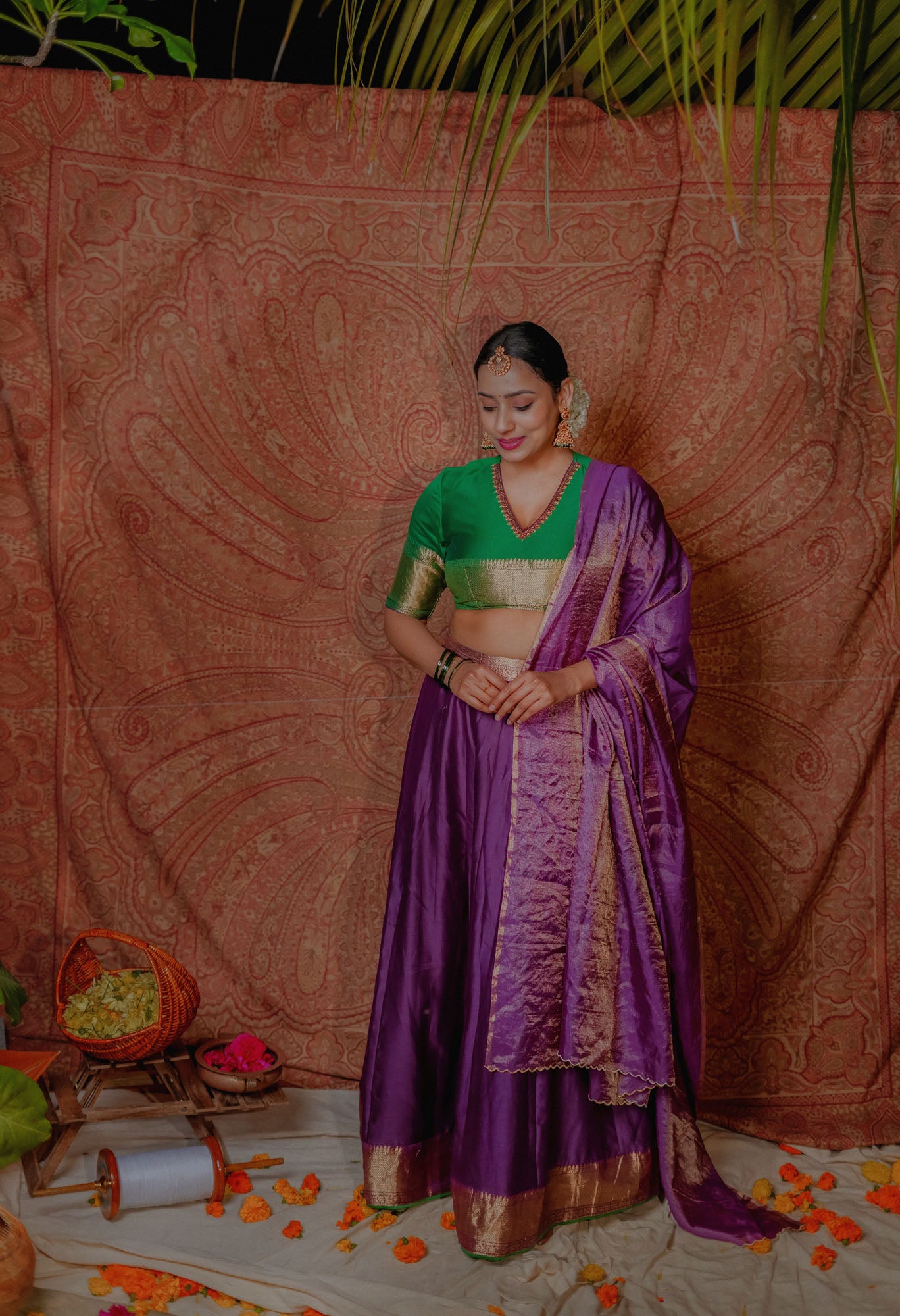 Women’s wear Traditional chanderi lehenga set in green and purple