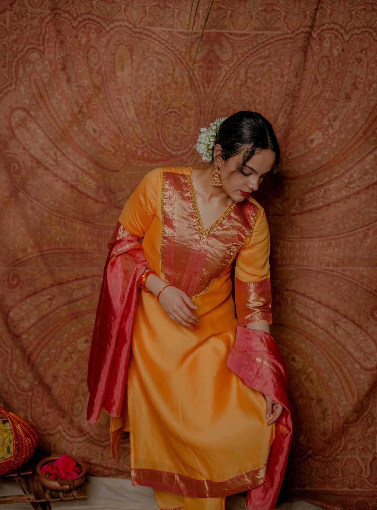 Women’s wear yellow chanderi kurta set with embroidery and zari
