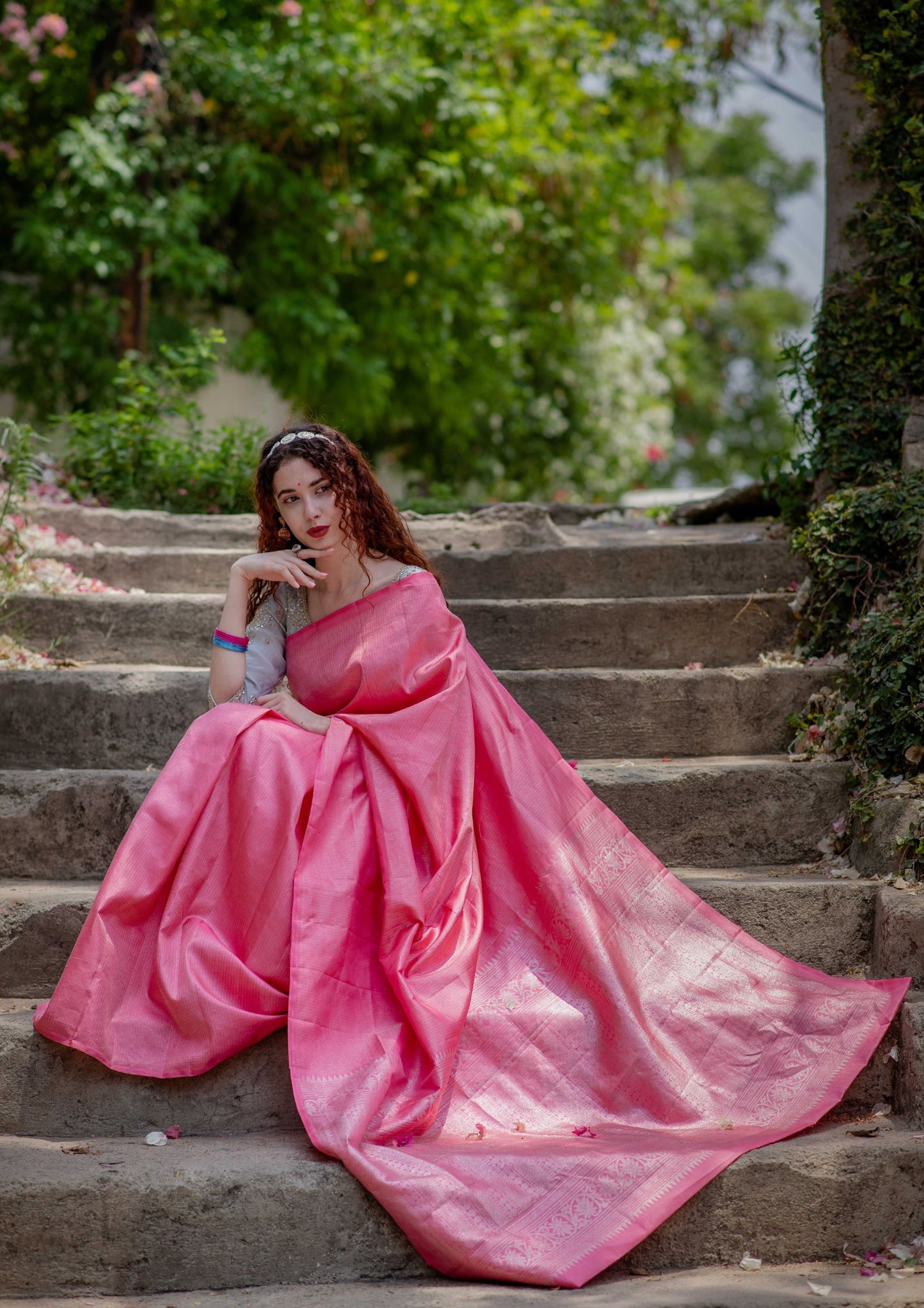 Saree - Pure Silk light weight Kanchi Saree in Pink Colour